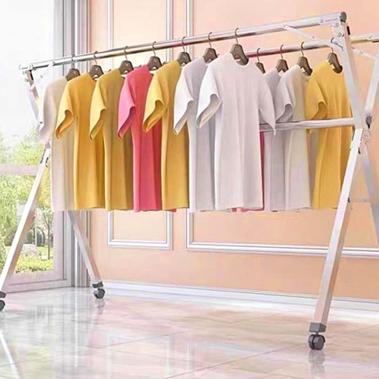 Generico Stendibiancheria in Acciaio Inossidabile Resistente, Supporto per bucato salvaspazio, aste estensibili da 79"/95" per Uso Interno ed Esterno, Organizer per Indumenti Durevole