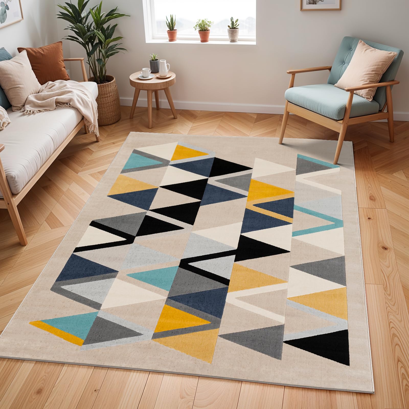 Livabliss Marietta Wohnzimmer Boho, großer Schlafzimmer 120x170 cm - Esszimmer mit geometrischem Muster, Skandinavischer Wohnzimmer Modern in Beige, Gelb, Blau