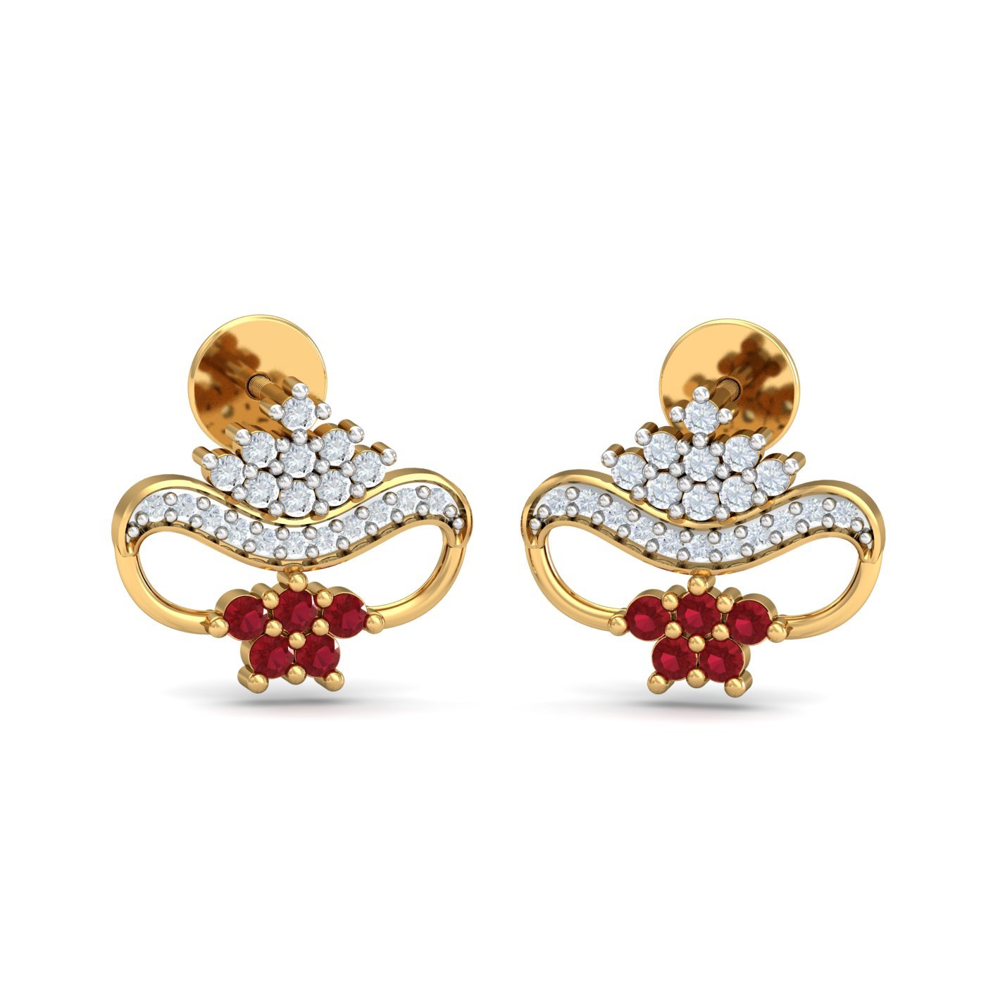 kuberbox 18KT Yellow Gold Diamond Kanya Ruby Stud Earrings for Women-picture-35