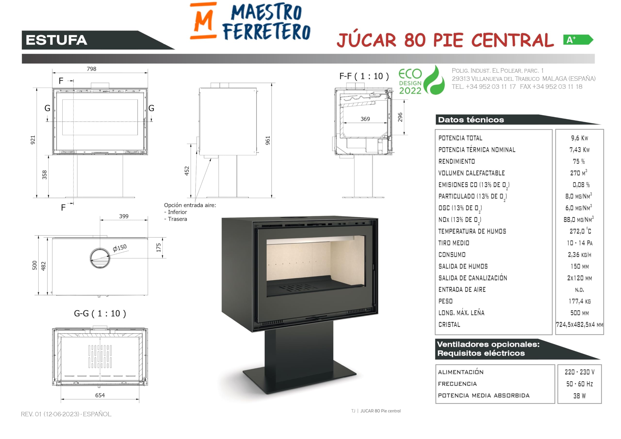TJ - Estufa de Leña con Pie Central Modelo JÚCAR 80 de 7,4 kW con 2 Turbinas Tangenciales y Cristal Cerámico Limpio de Alto Rendimiento