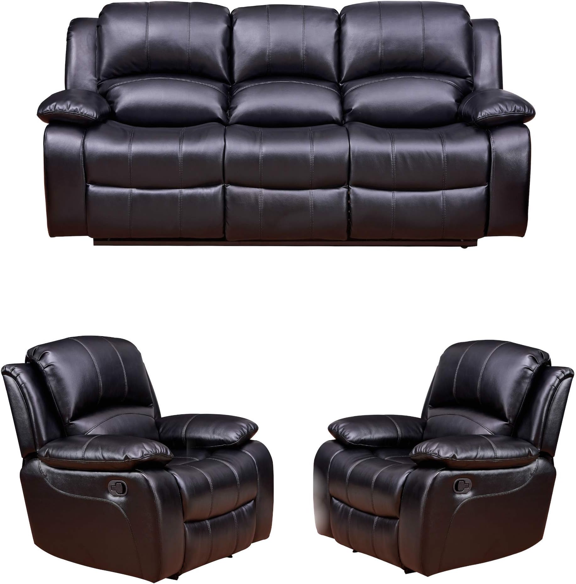 Black Bonded Leather Recliner Set, Sofa, Loveseat, Chair 8018