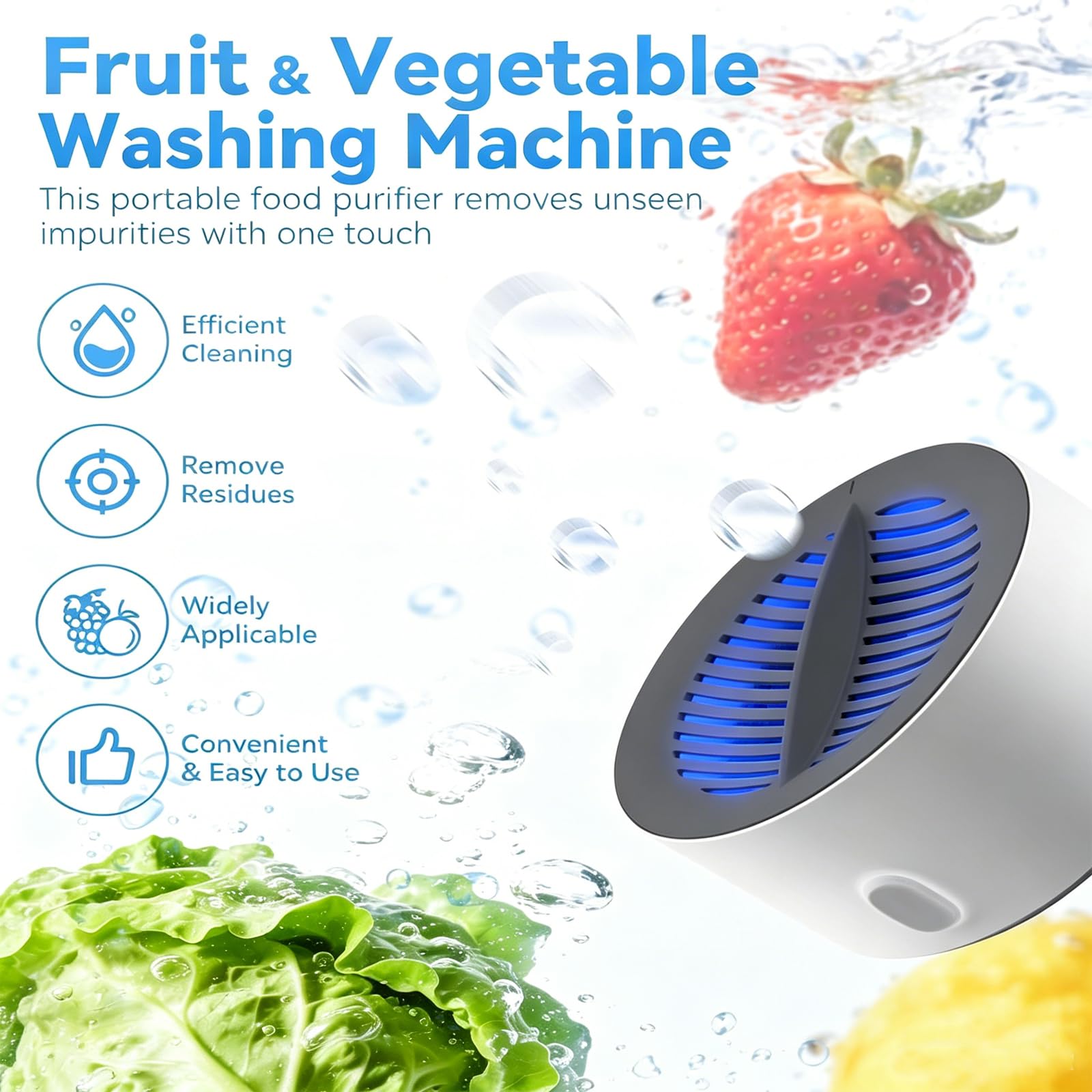 Purificador electrolítico de alimentos, limpiador portátil de frutas y verduras para limpieza profunda de 3 minutos, limpiador de productos recargable para frutas, verduras y carne
