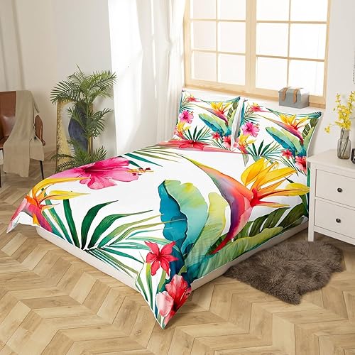 Miniatura 3 de Juego de funda de edredón con diseño de plantas de árbol tropical, tamaño King con cierre de cremallera, funda de edredón con estampado de flores de