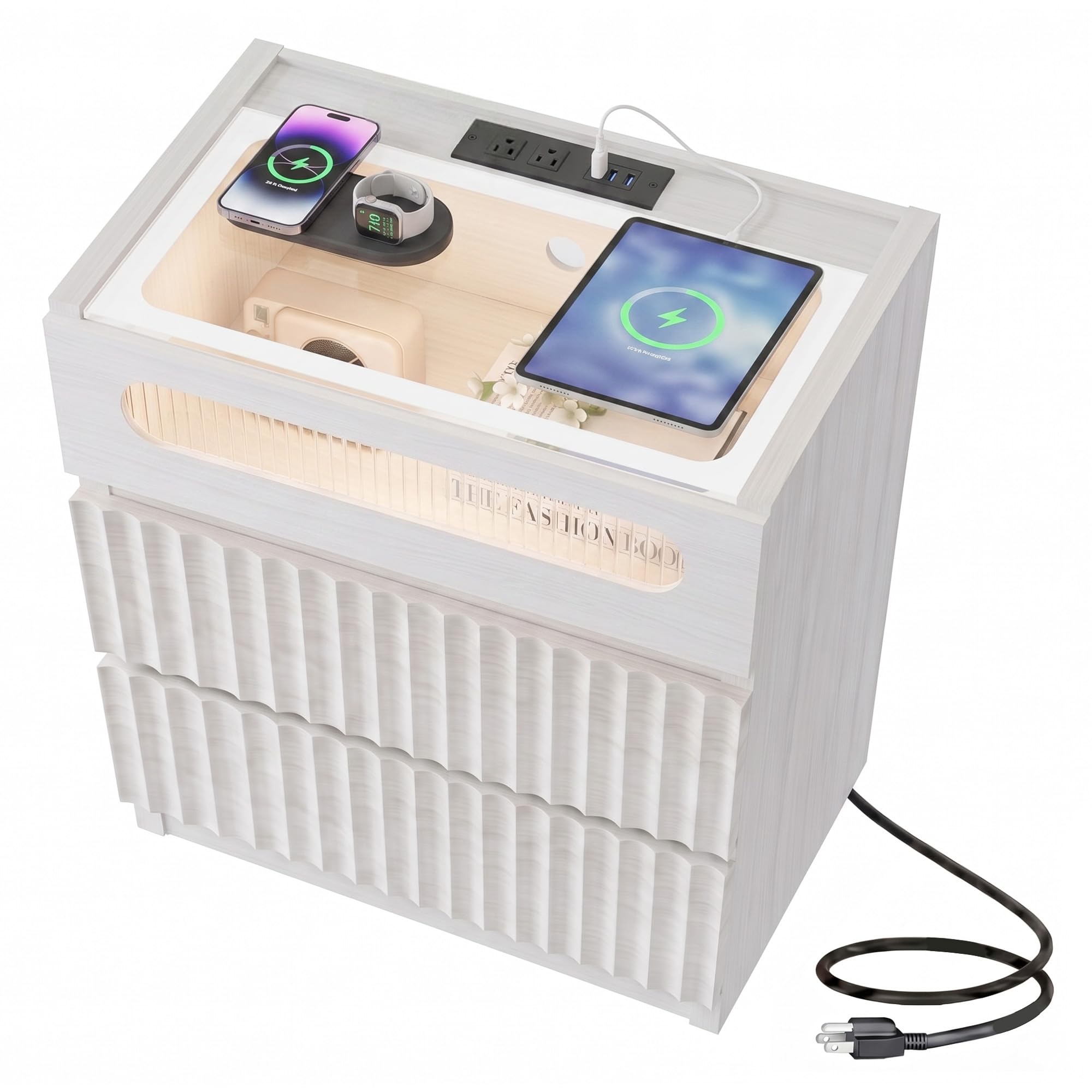 24” Fluted 3 Drawer Nightstand with Charging Station and LED for Bedroom