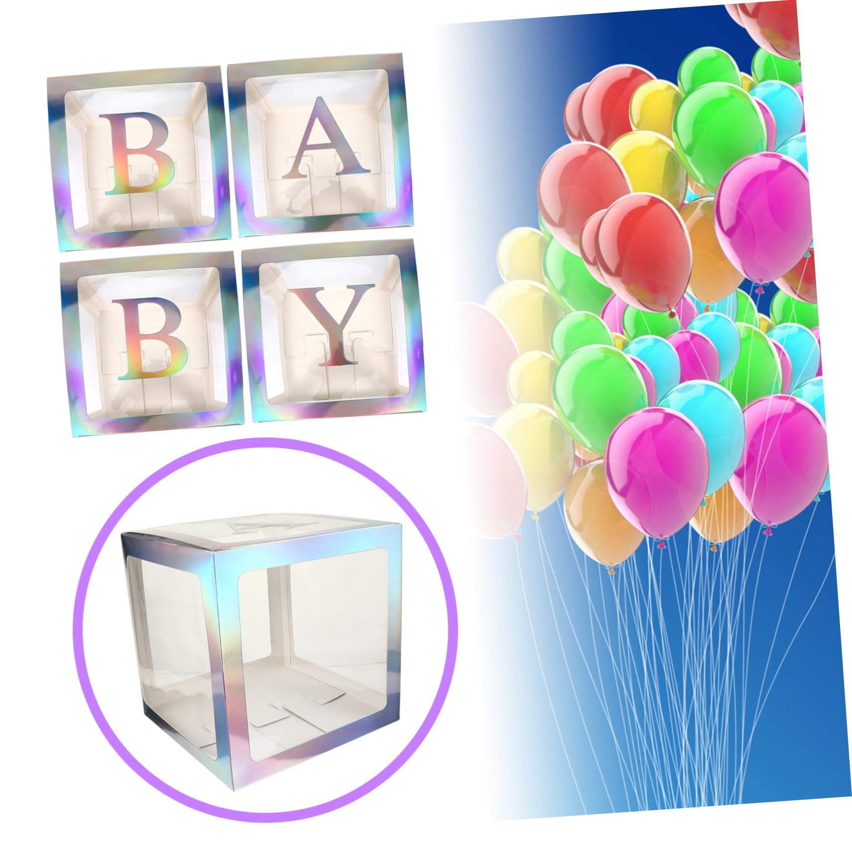 Babyparty Kasten Satz mit 4 Teilen aus Papier in Silber | Transparente Ballonbox, Buchstaben B A B Y Enthalten, für Babyparty und Home Decor