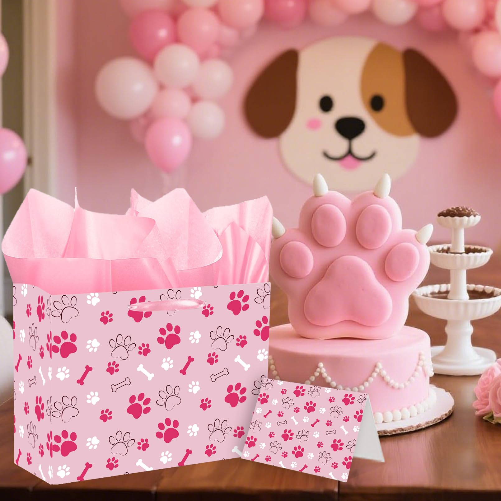 Pink Dog Paw Print Gift Bag Large Dog Birthday Gift Bag Paw Print Wrapping paper with Tissue Paper and & Card for Girl Boy Young Puppy Party Decorations Pet Themed Celebrations Birthday Party