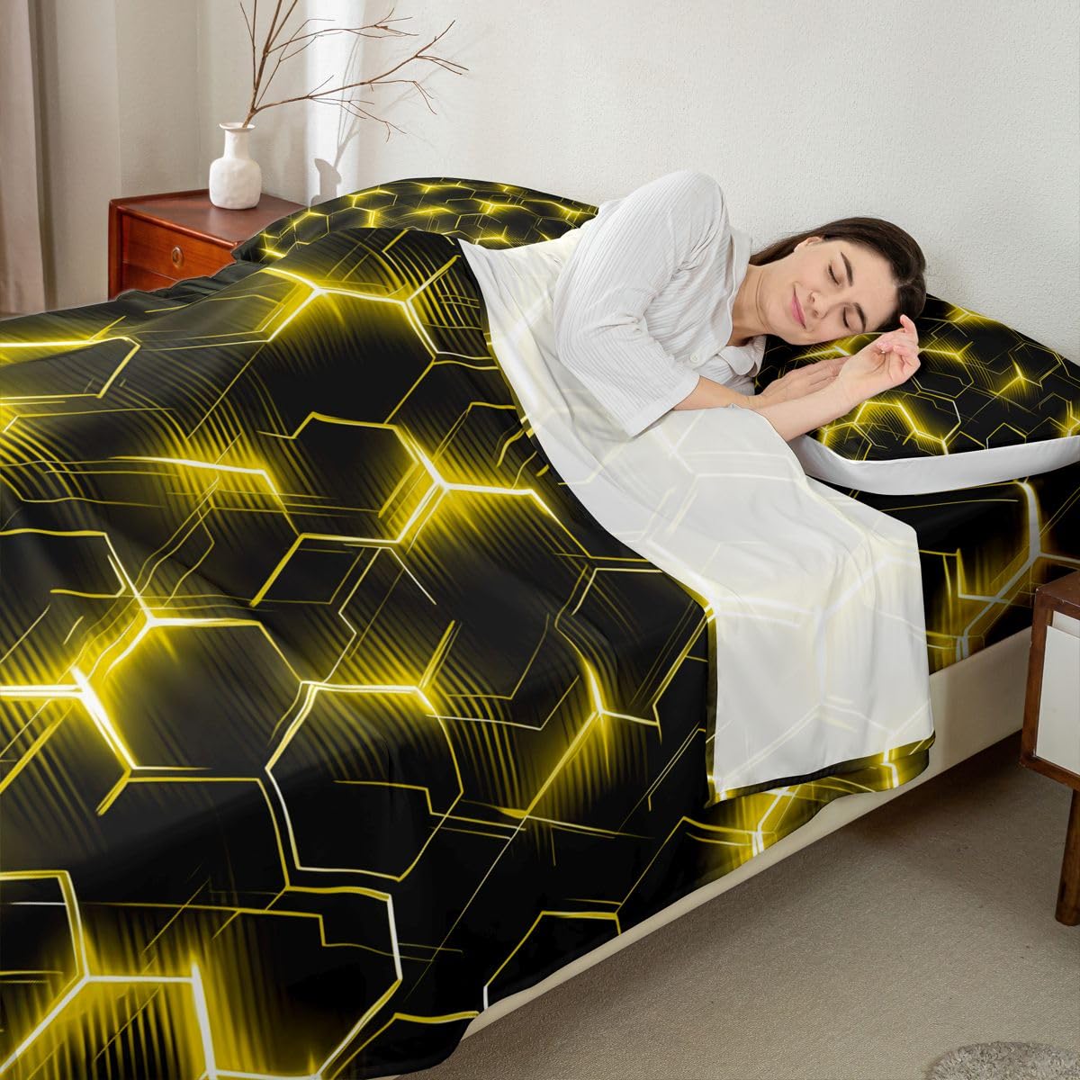 Homewish Zestaw pościeli dla chłopców o strukturze plastra miodu, żółty, neonowy, geometryczny zestaw prześcieradeł dla nastolatków mężczyzn, złote sześciokątne wzornictwo, płaskie prześcieradło do