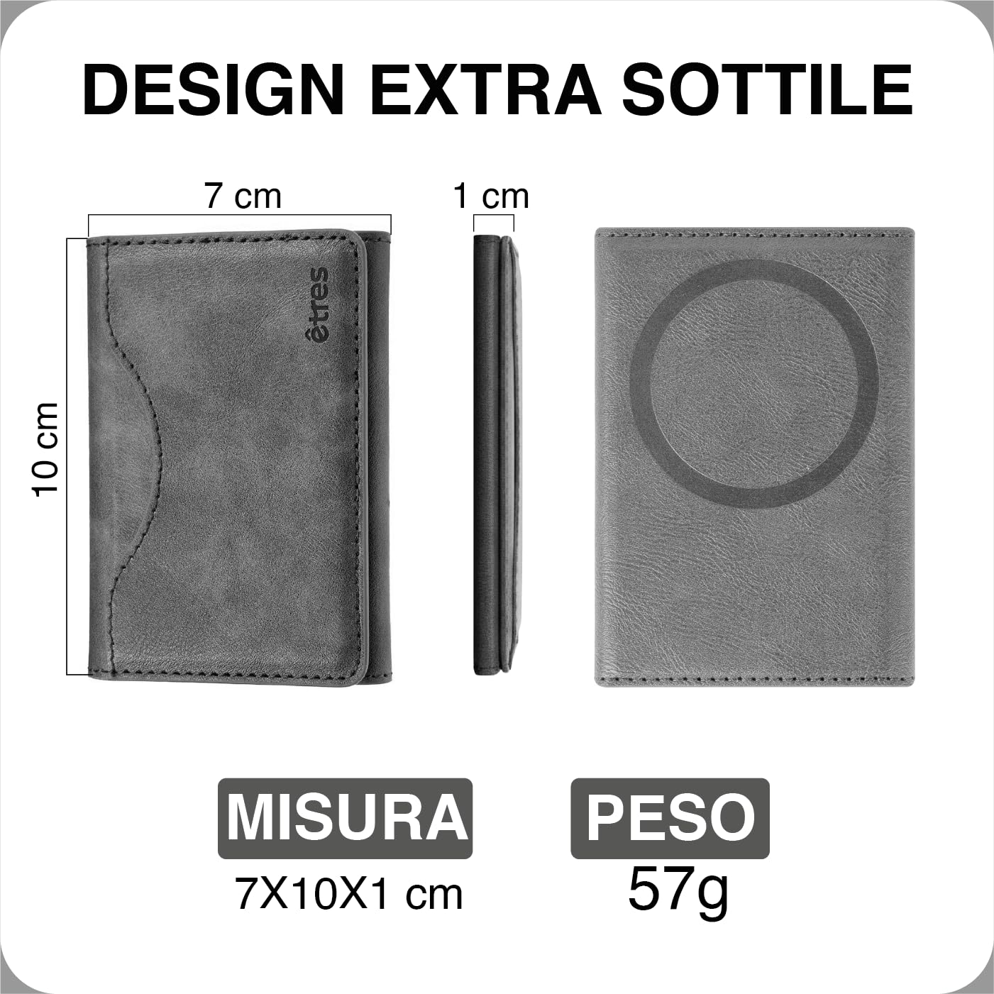 Portafoglio Etres Magnetico wallet Slim Compatibile con MagSafe per iPhone 16/15/14/13/12 Serie, Porta Carte in PU Blocco Rfid protezione, o pagamento contact less fino a 6 carte + contanti (GREY)