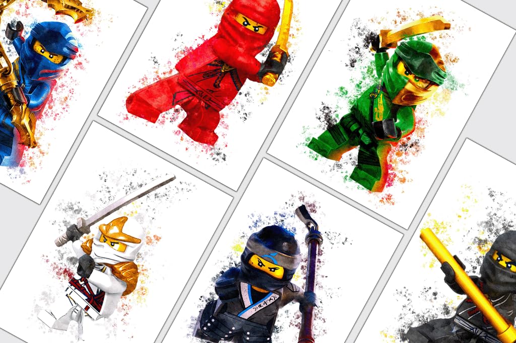 Ninjago splash effect wall prints, set of 6 unframed A4 ninjago wall art prints, Ninjago prints for kids room