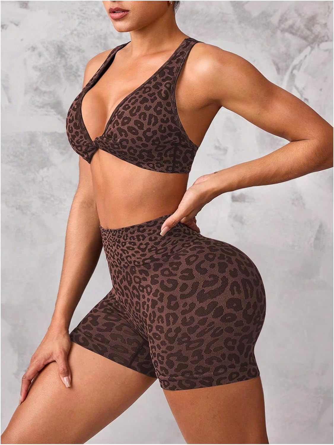 SHENHE Women's Leopard Workout Set 2 Piece Twist Front Cross Back Sports Bra Biker Shorts Set