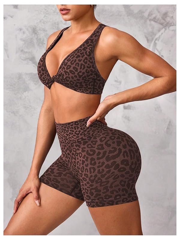 SHENHE Women's Leopard Workout Set 2 Piece Twist Front Cross Back Sports Bra Biker Shorts Set Coffee Brown Large by SHENHE - Image 2