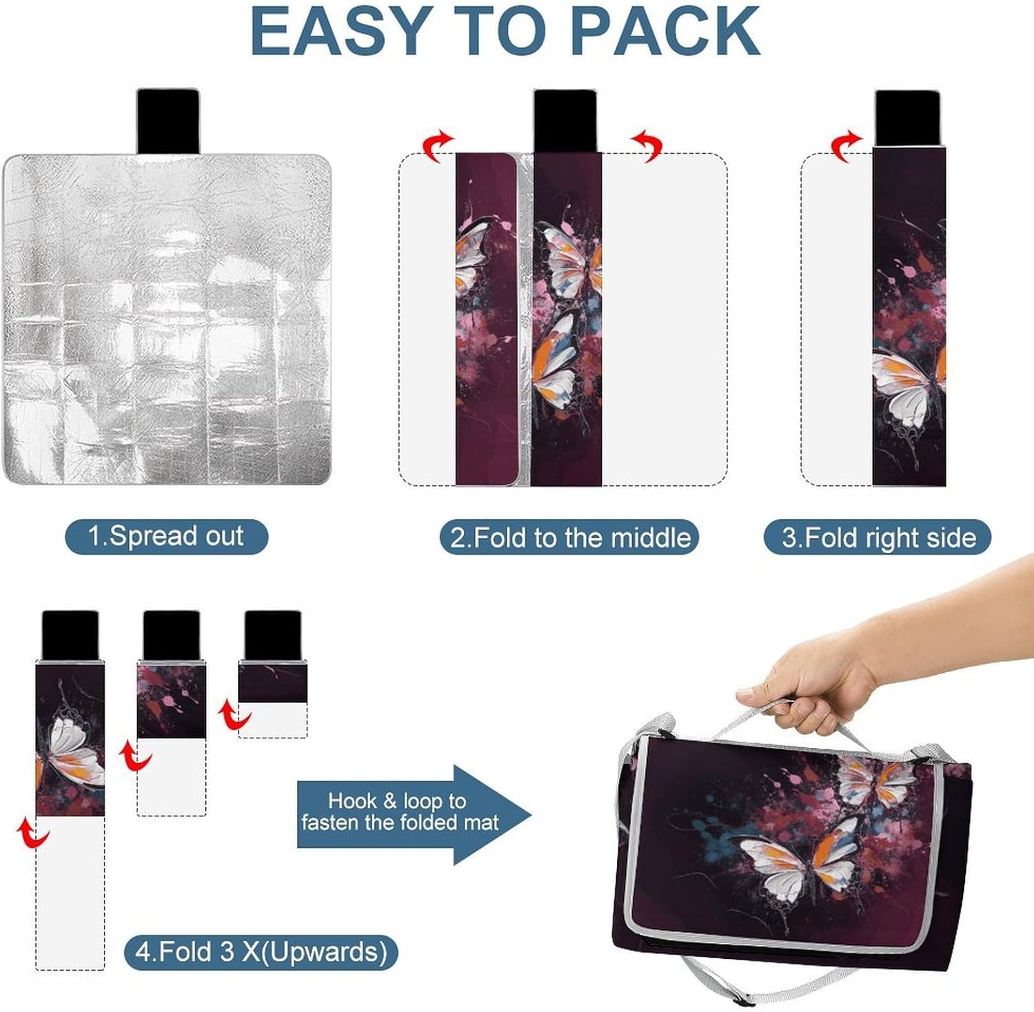 Abstract Butterfly Waterproof Picnic Blanket 58.3''x58.3'',Portable and Foldable Picnic Mat with Handle,Outdoor Blankets for Lawn Park Beach Travel
