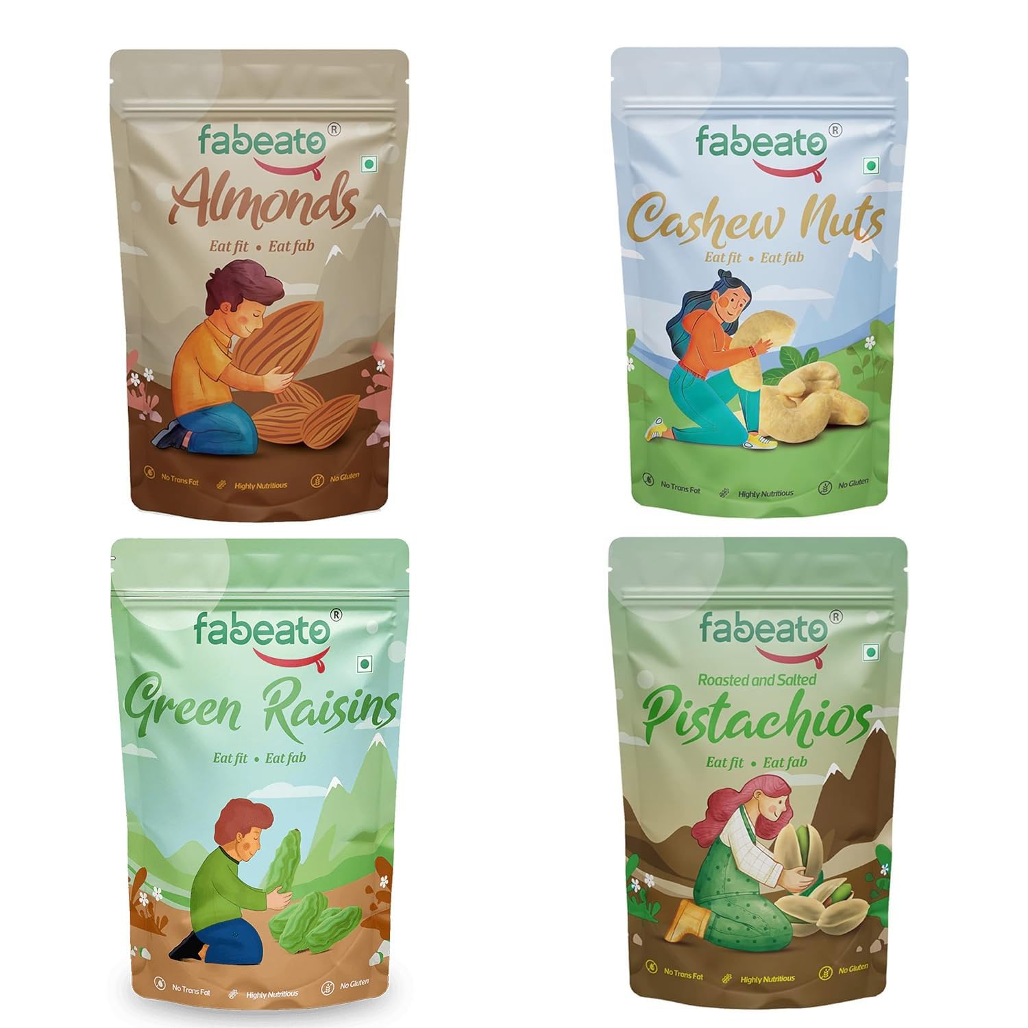 Fabeato Premium Dry Fruits and Nuts Combo (4 x 200 g) Almonds, Cashews, Pistachios, Seedless Green Raisins