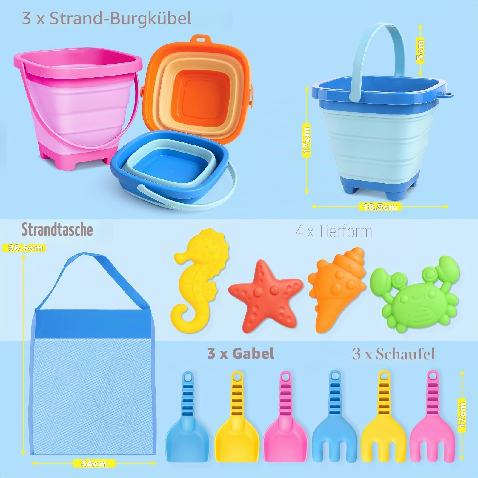 Dreamon Sandspielzeug Set, Reise Sandspielzeug mit Faltbarer Eimer Kinder, 14 PCS Sandkasten Strand Spielzeug für Kinder Jungen Mädchen