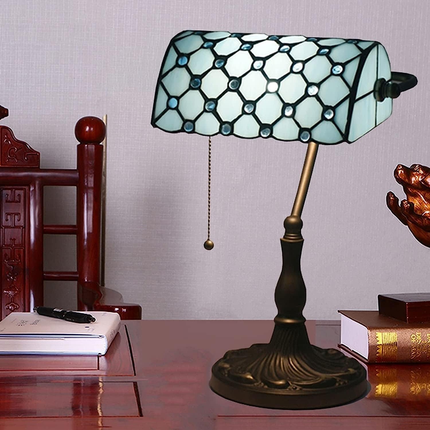 Bankiers Tischlampe, farbige Glaslampe, Kristallperlenschreibtischlampe, Schlafzimmer in der Nacht Leselampe (Meeresblau -Glasperlen Schatten) Innovate