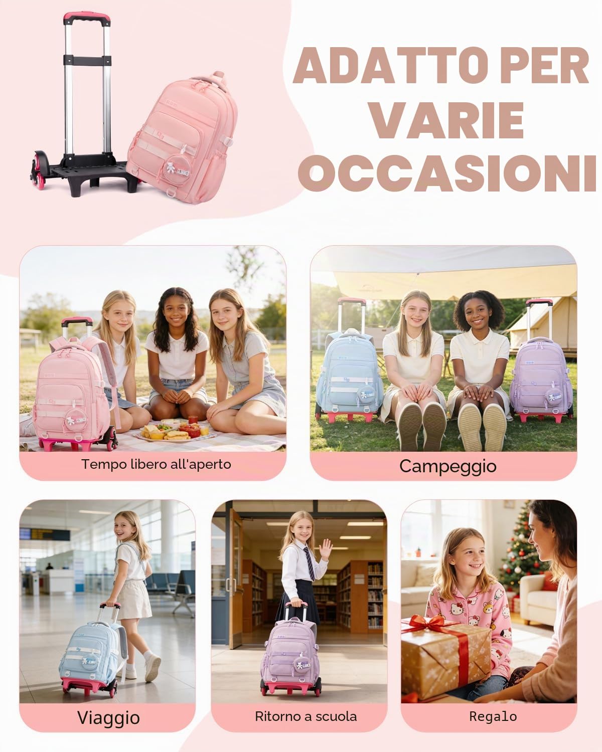Amythe Zaino Trolley per Ragazza 9-16 Anni, Zaino Bambina Scuola Elementare con Carrello Rimovibile 6 Ruote, 21L Zaini Elementari con Rotelle per Bambine, Rosa