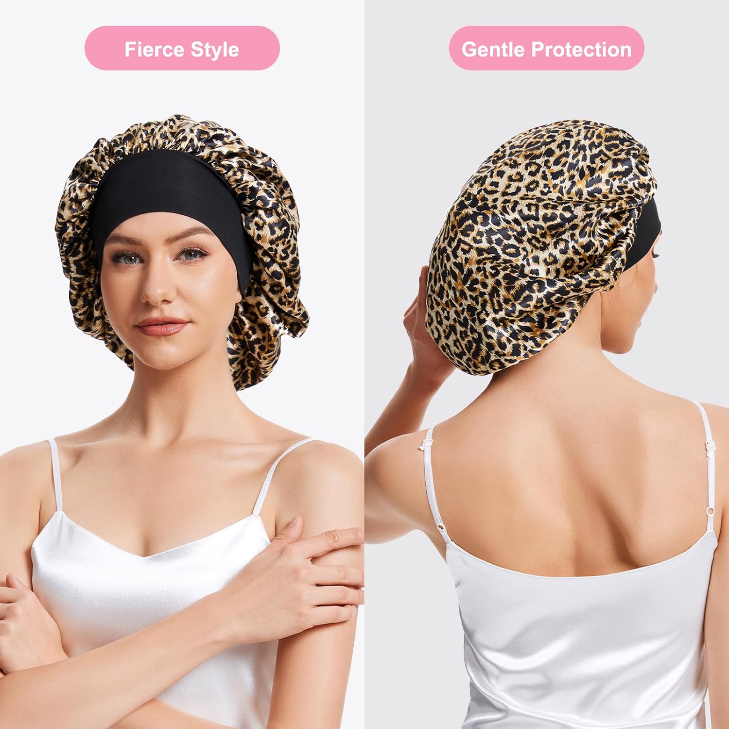 Condition photo showing New/Like New for ZHENSILK 3PCS Silk Sleep Bonnet for Women, Large Satin Hair Caps with Elastic Band for Curly Hair and Frizz Control Black/Blush/Leopard