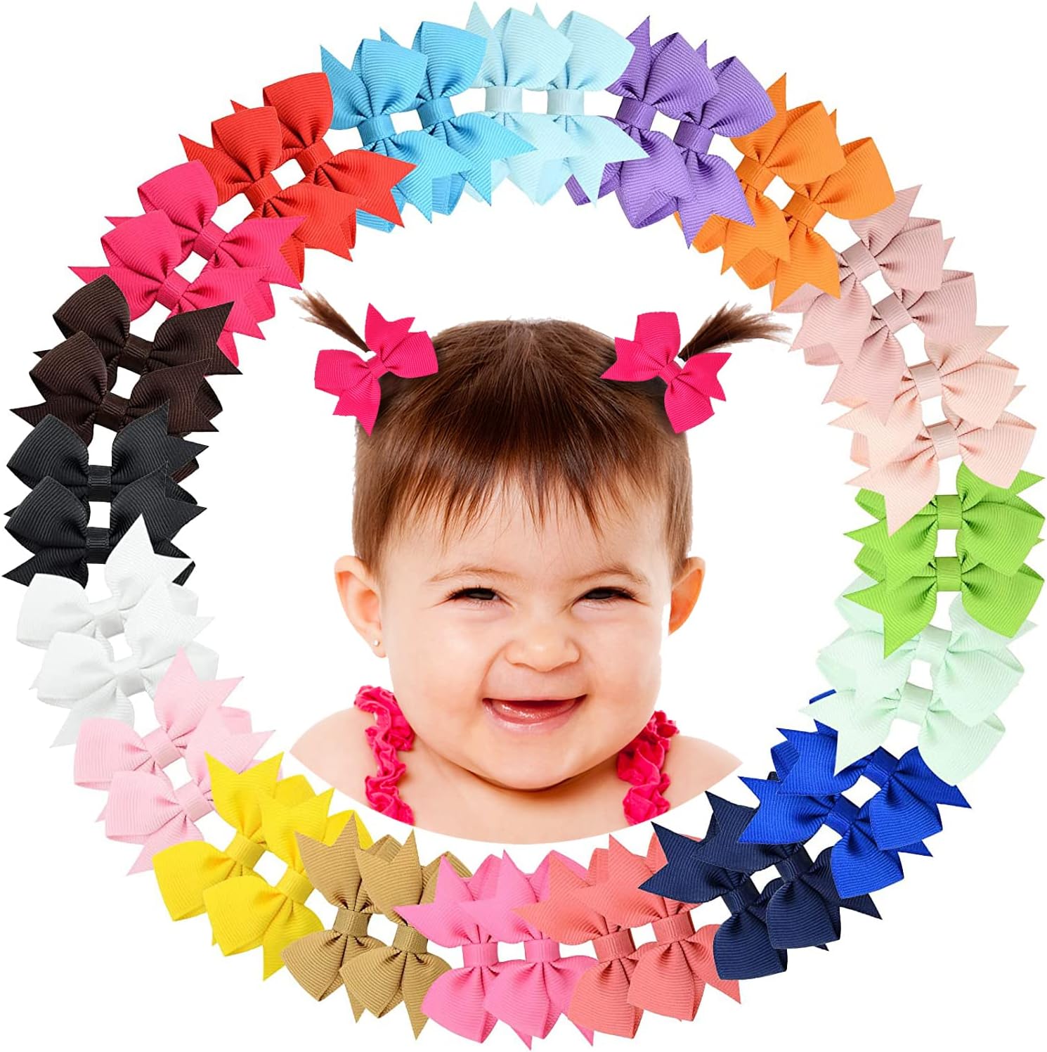 40Pieces Baby Girls Clips 2" Mini Hair Bow Grosgrain Bows with Fully Ribbon Lined Alligator Clips for Infant Toddlers Kids 20 Colors in Pairs