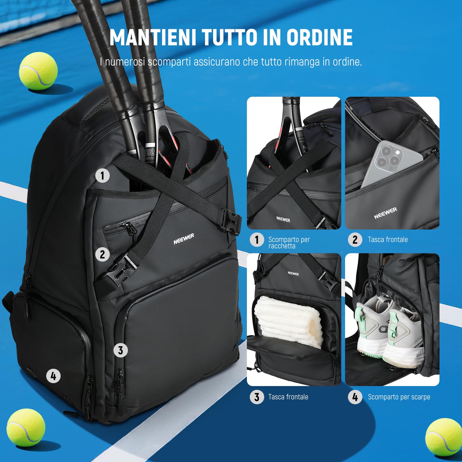 NEEWER Borsa Tennis per Uomo/Donna, Porta Fino a 2 Racchette, Zaino da Palline Tennis Pickleball in PU 1000D Impermeabile con Scomparto per Scarpe, Tasca Laterale, Tasche per Accessori, Gancio,TB02B