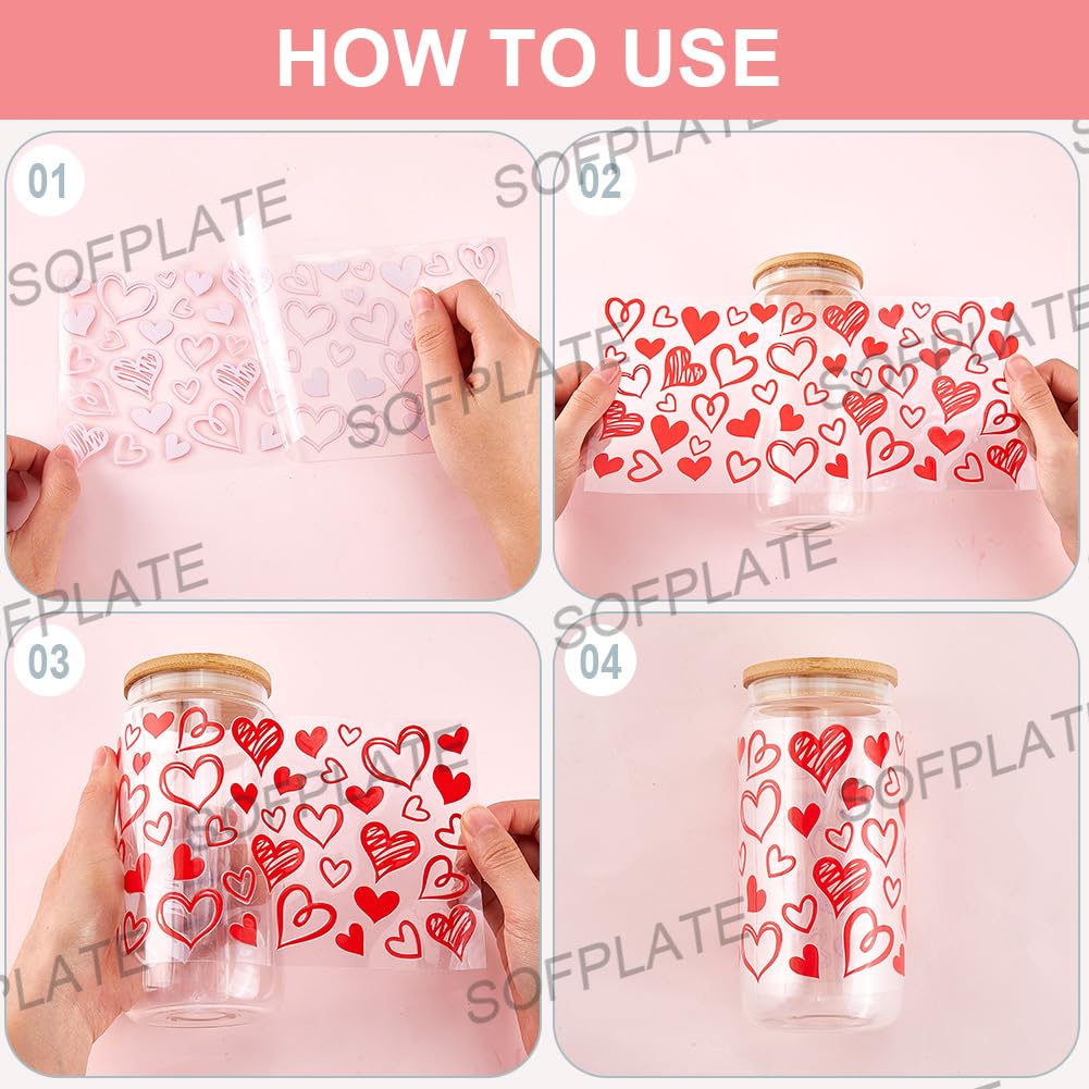 SOFPLATE 8Pcs 8 Styles Glass Cup Stickers Pink UV DTF Cups Wraps Bulk Transparent Plastic Heart Flower Floral Square Footprint Rainbow Cactus Waterproof Decals for Tumblers Wood Decoration DIY Crafts - Image 3