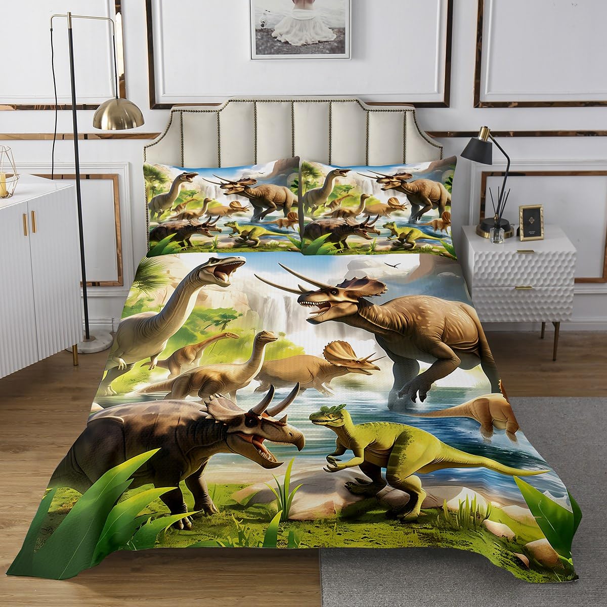 Feelyou Dinosaur Quilted Coverlet Queen Size 3D Dino Print Bedspread for Boys Girls Children Jungle Dino Coverlet Set Room Decor Wild Animal Breathable Soft Microfiber All Season 3Pcs
