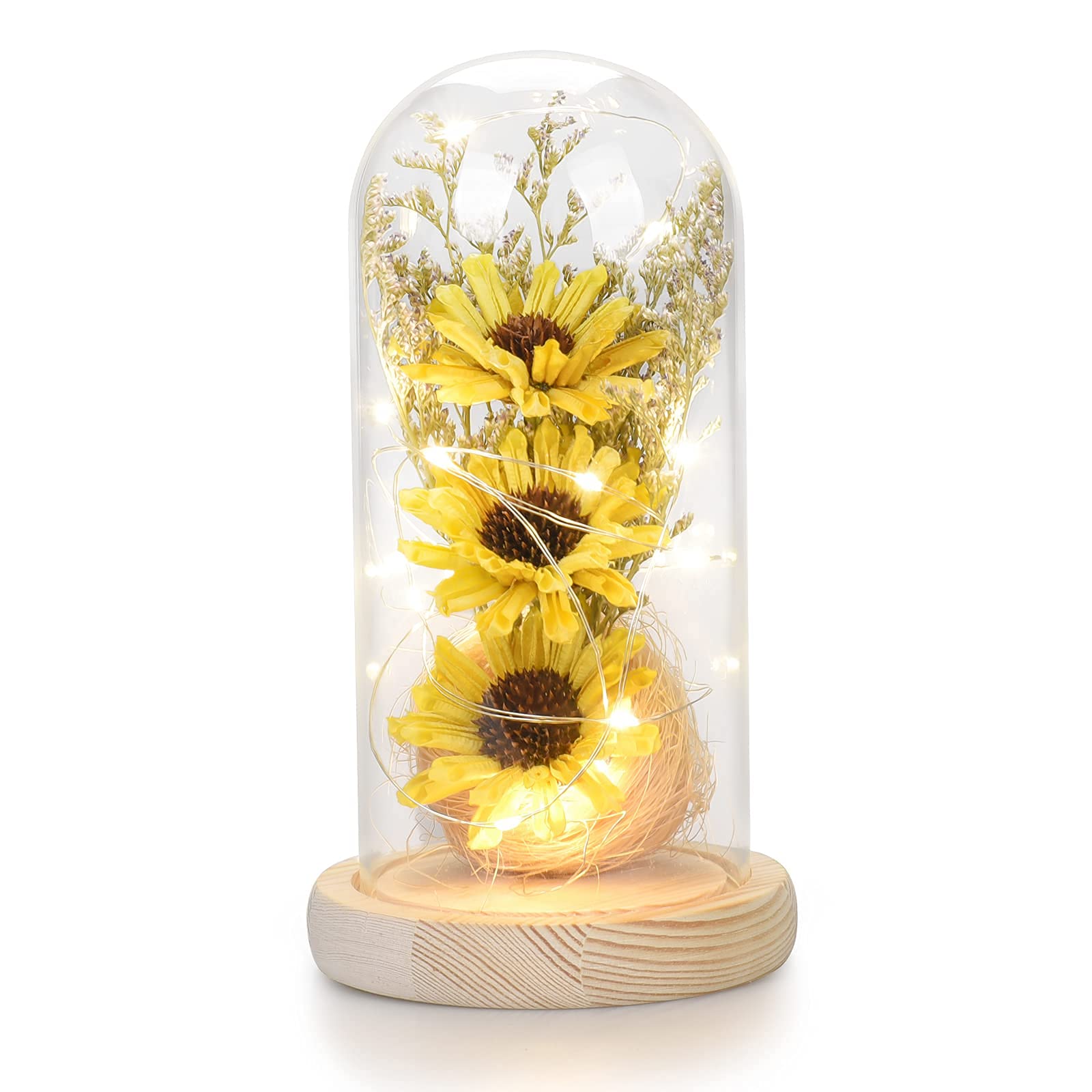 Artificial Sunflower in Glass Dome with LED Light Strip - Enchanted Gift for Valentine's, Anniversary, Mother's Day, Birthday, Thanksgiving, Father's Day (Yellow)