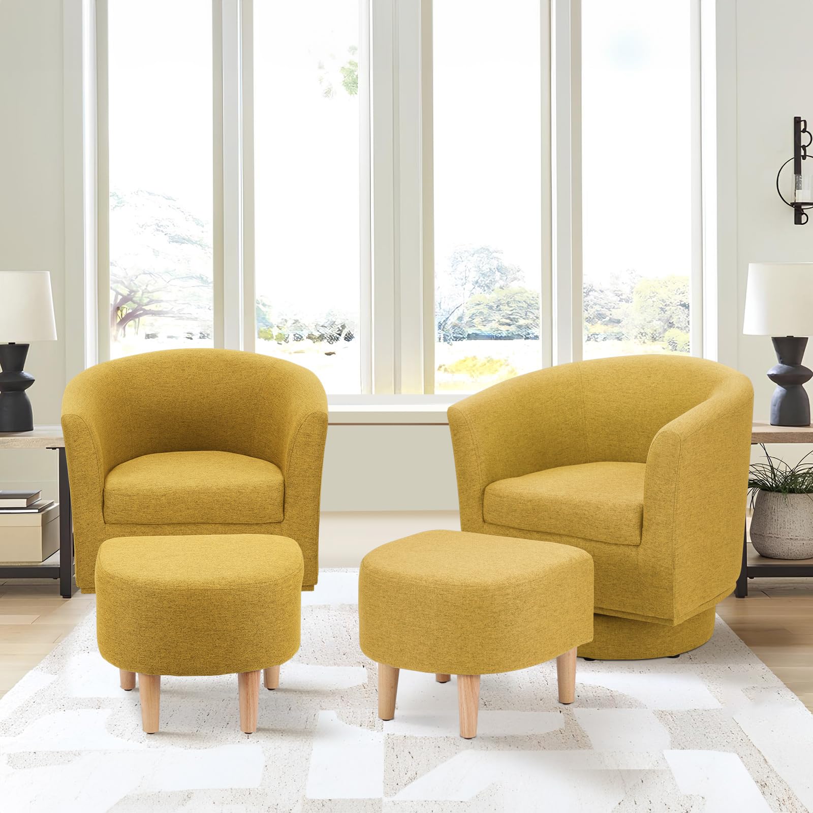 DAZONE Swivel Accent Chair Set of 2 with Ottoman, Modern Upholstered Barrel Armchairs with 360° Swivel Base, Comfortable Club Chairs for Living Room,