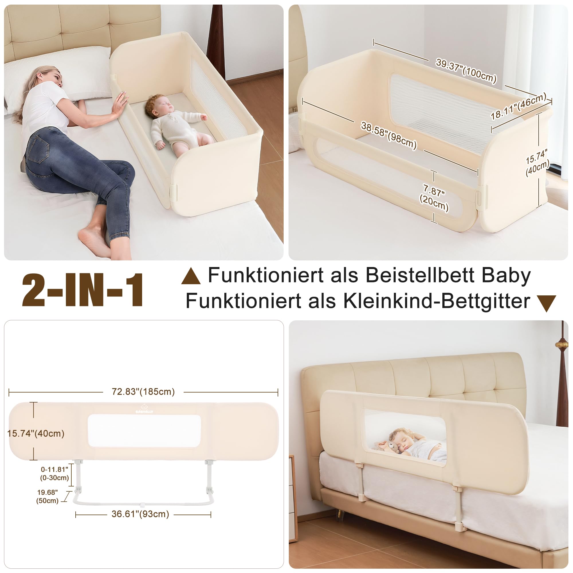 Rausfallschutz Bett Reise 185cm, 2-IN-1 Funktion als Baby Beistellbett und Bettgitter Baby, Rausfallschutz Bett Klappbar, Tragbar Bett Schutzgitter für Kinder, Kinderbettschutzgitter für Reisen- Creme