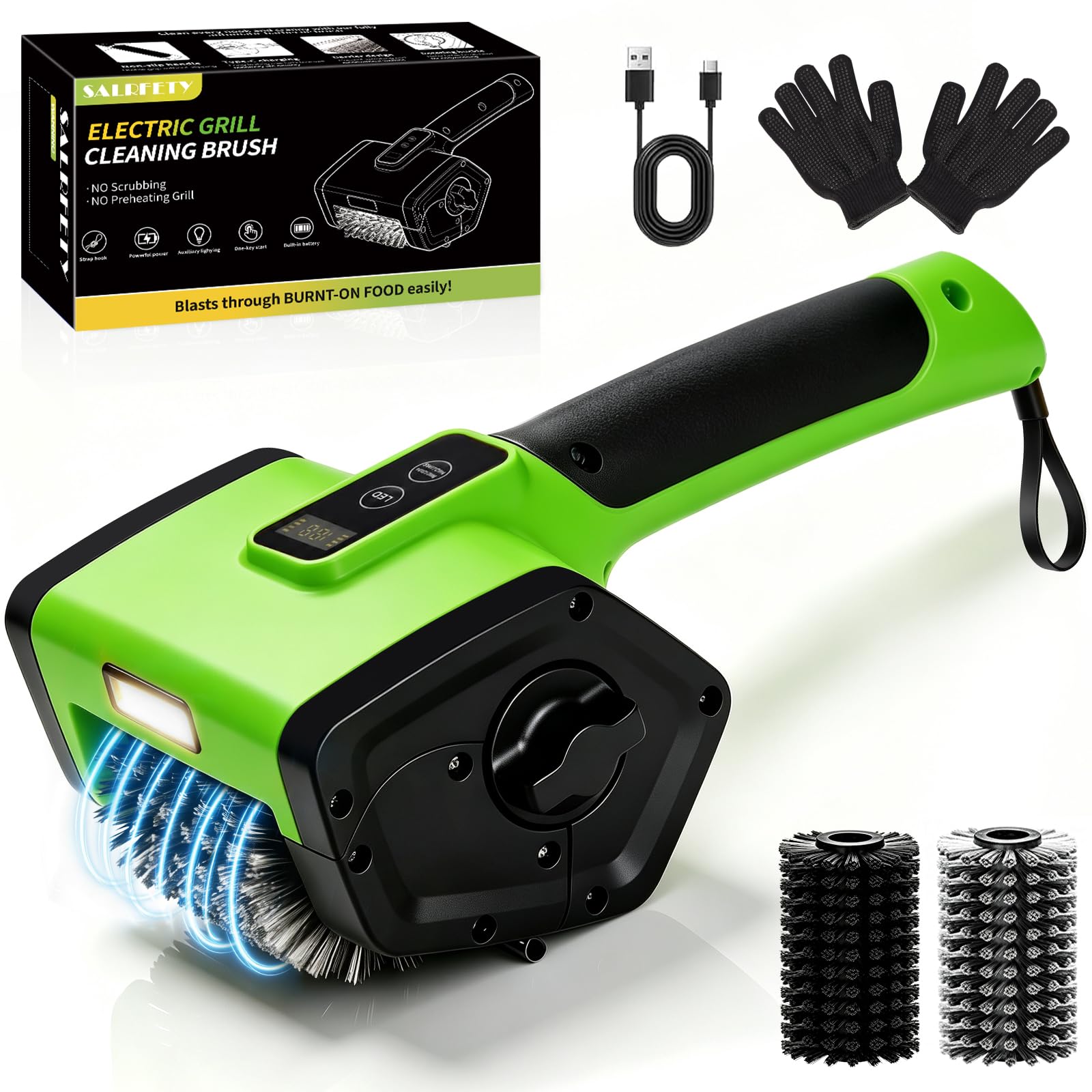 Spazzola elettrica per griglia, 2 velocità, ricaricabile, per barbecue, fino a 160 minuti di autonomia, spazzola in acciaio inox 304, luce LED, 2 testine incluse, la maggior parte delle griglie per