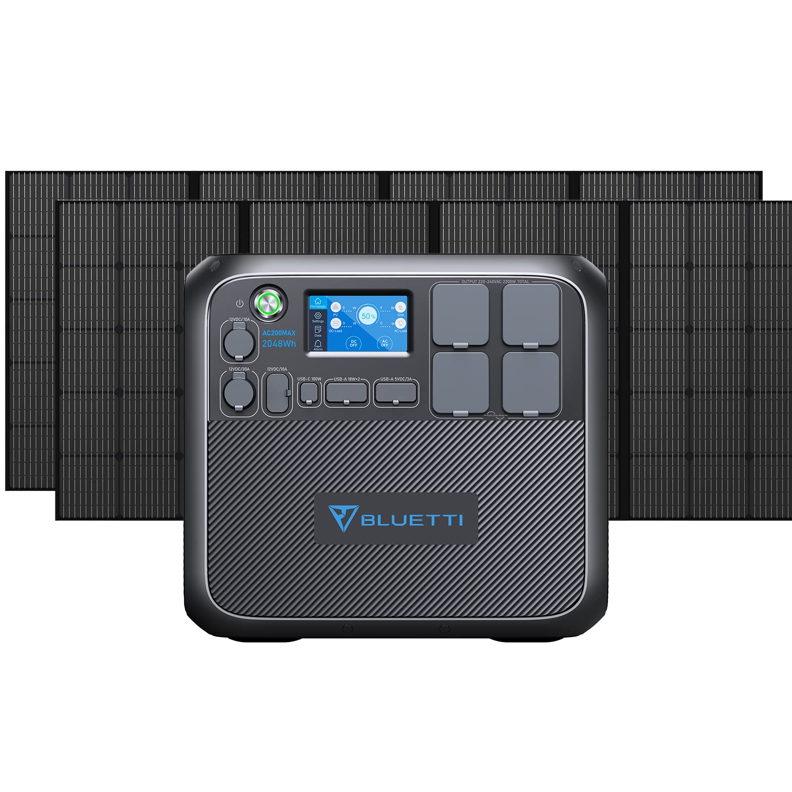 BLUETTI Solar Generator AC200MAX w/ 2 PV350 Solar Panels Included, 2048Wh Portable Power Station w/ 4 2200W AC Outlets, LiFePO4 Battery Pack Expandable to 8192Wh for Home, Road Trip, Emergency, Black