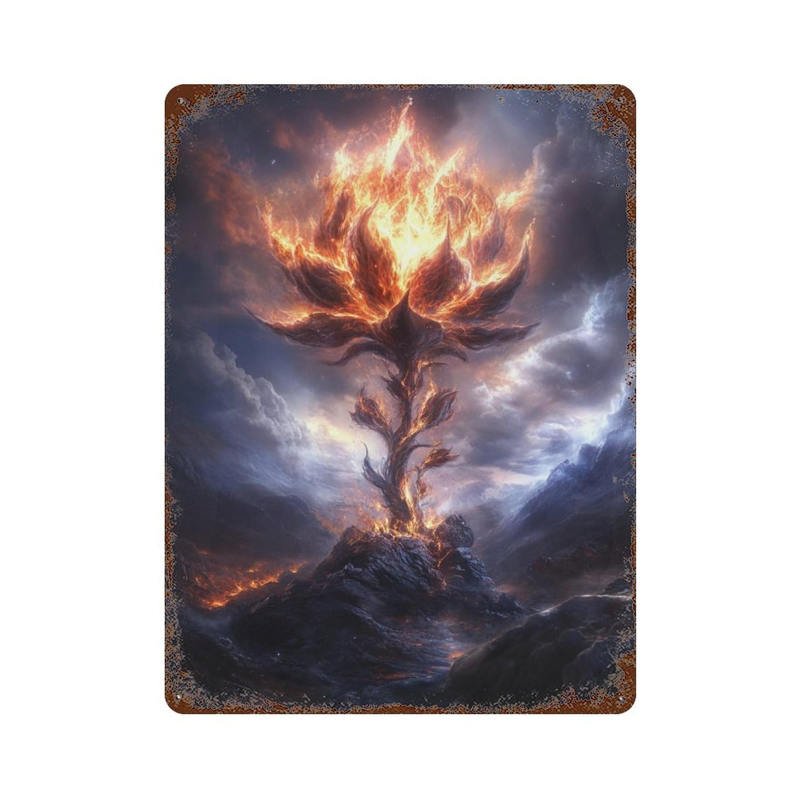 Rust Effect Flaming Tree of Life Rusty Metal Tin Sign 15.7"x11.8", Decorative Metal Wall Art for Farmhouse, Kitchen And Entryway Decor