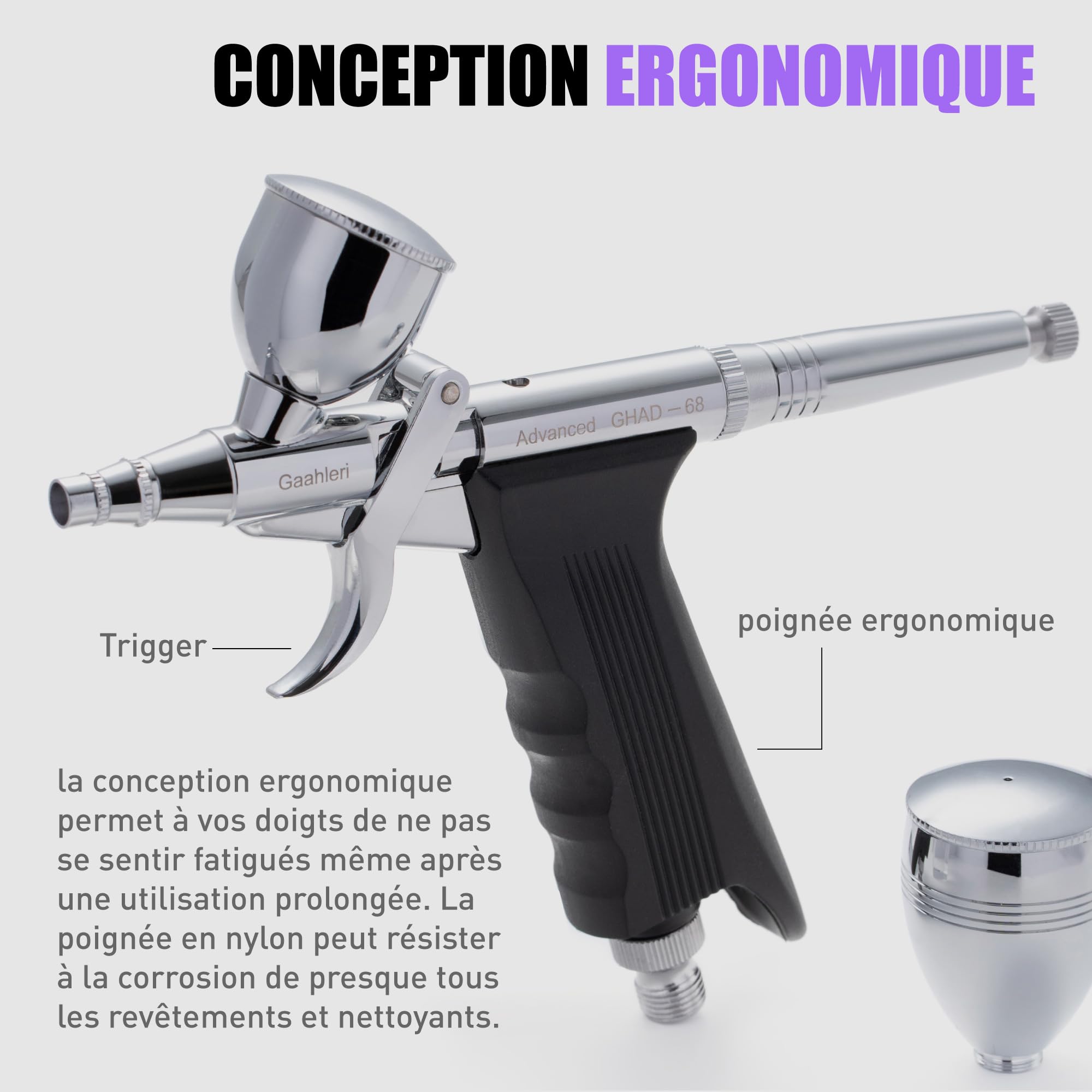Gaahleri Aérographe, Kit d'aérographe avec trigger, Aiguilles de 0,38 & 0,5mm，Godet de 1/2 & 1/4 OZ, Séries Advanced GHAD-68