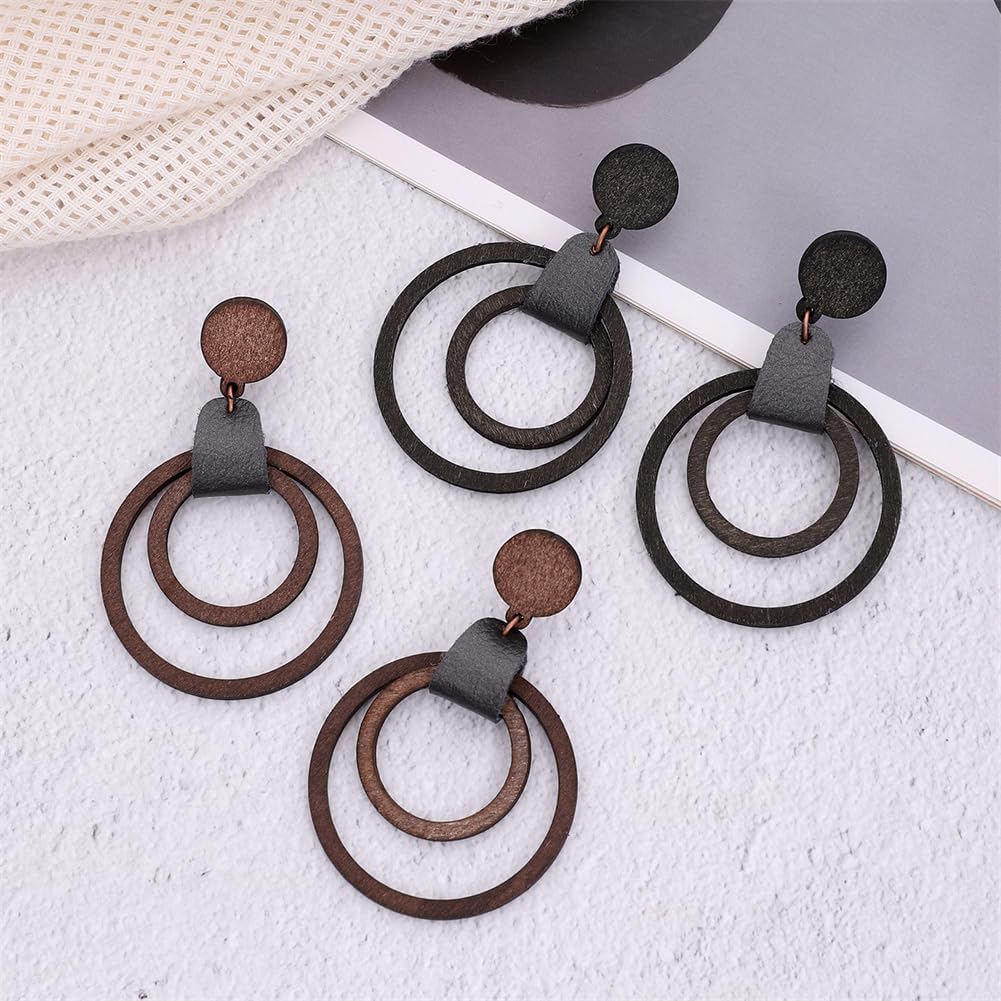 Bohemian Simplicity Wooden Geometry Circle Hollow Lightweight Dangle Drop Earrings Handmade Multi-layer Stud Earrings For Women Jewelry Gifts - Image 3