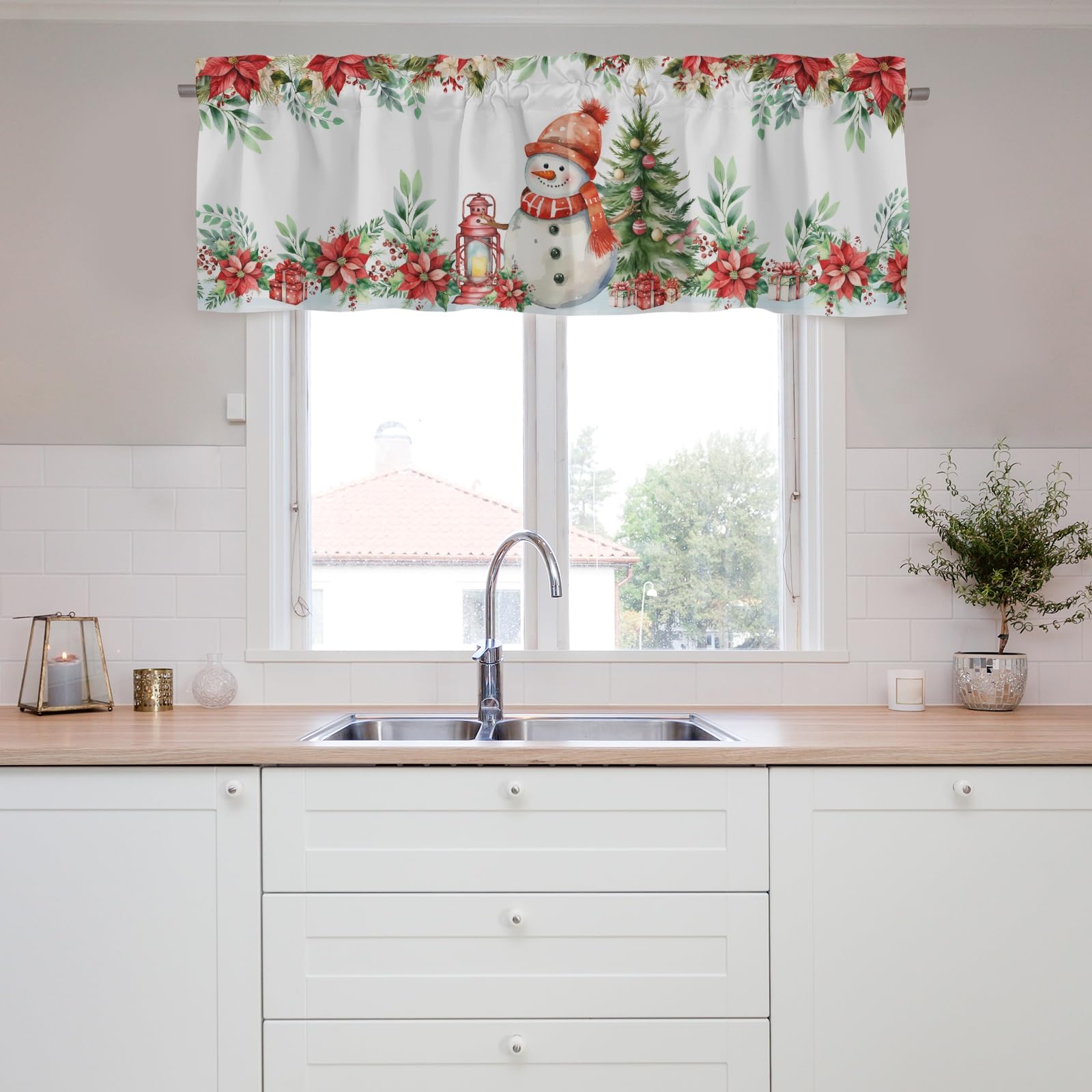 Hliyty Christmas Snowman Tree Curtains Valance,Curtain Valance Window,Blackout Window Valance,Rod Pocket Valance Window,Christmas Farmhouse Country Window Curtains for Bedroom Bathroom Living Room