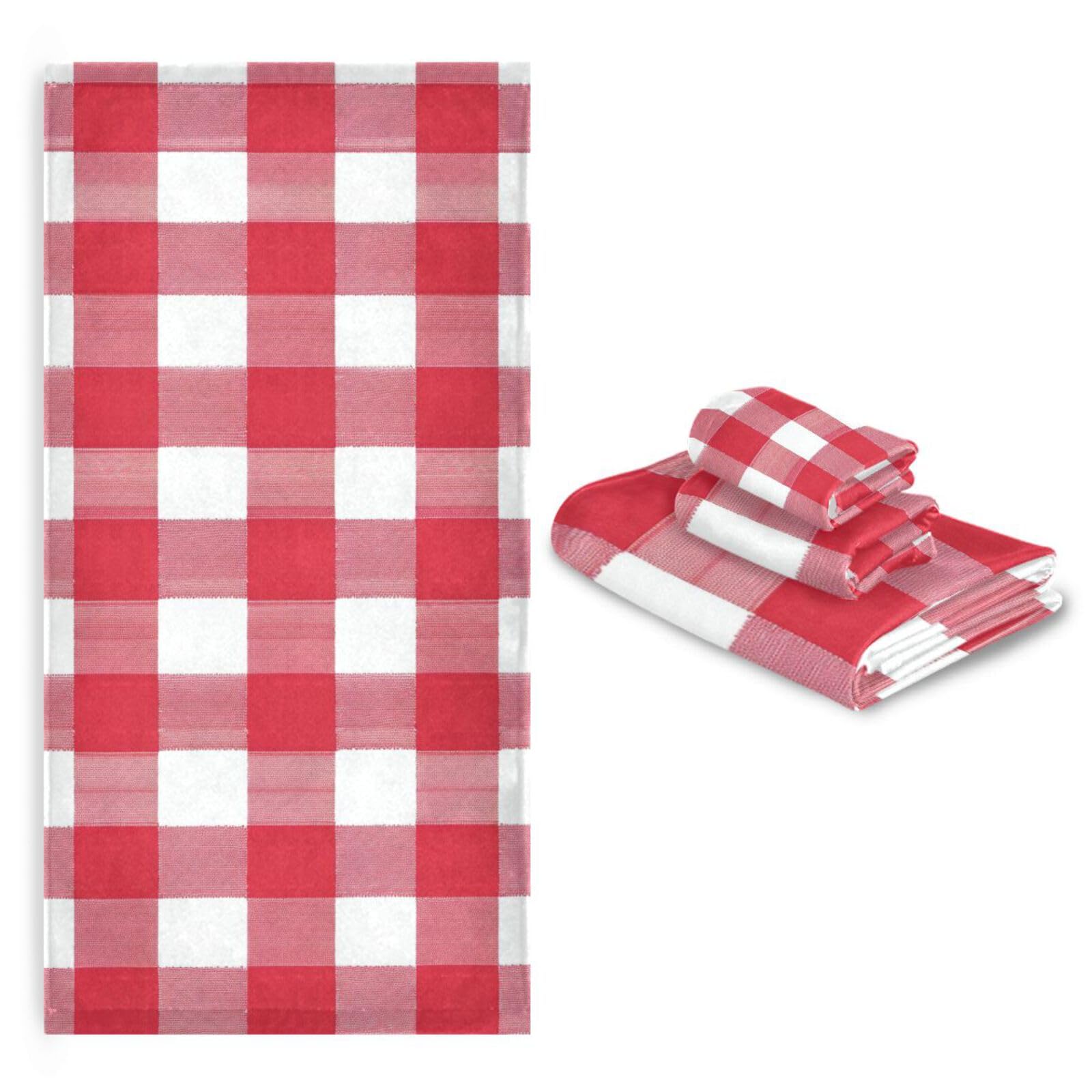 Buffalo Plaid w kratkę czerwone białe miękkie ręczniki do twarzy zestaw 3 sztuk, 1 ręcznik kąpielowy 1 ręcznik do rąk 1 myjka do łazienki kuchni
