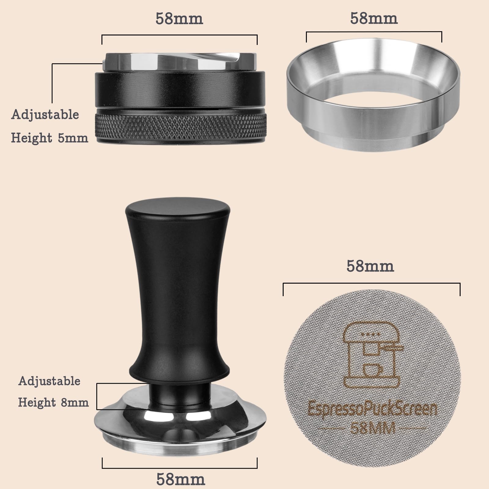 Zestaw tamper do espresso 58 mm – akcesoria dla baristów do ekspresów do espresso, zawiera sprężynowy tamper, regulowana głębokość, aluminiowy lejek dozujący z magnesem, ekran krążkowy wielokrotnego
