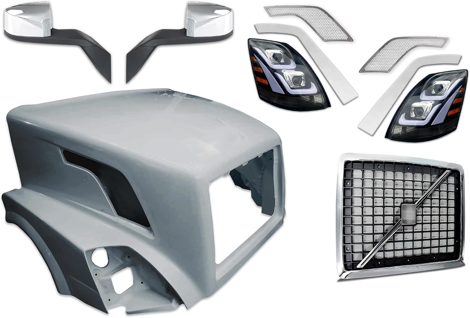 KOZAK Fiberglass Hood Shell (ready to paint) + Headlights with Chrome Fender Guard Trim set, Air Intakes, Chrome Hood Mirrors, Front Grille Compatible with Volvo VNL 2004-2017 PLUS Logo, Wipers, Vest