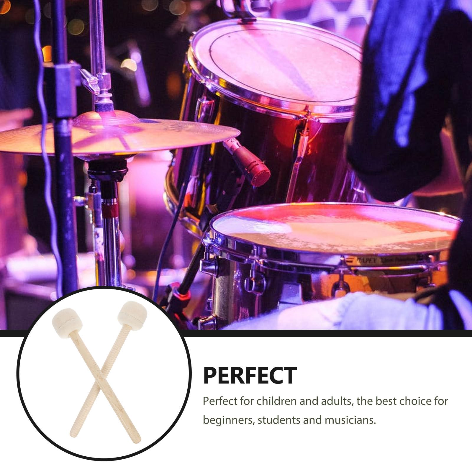 Baquetas y Mazos para Instrumentos de Percusión Mango de Madera, Cabeza de Lana, 2 Piezas, Uso en Bares y Cafés