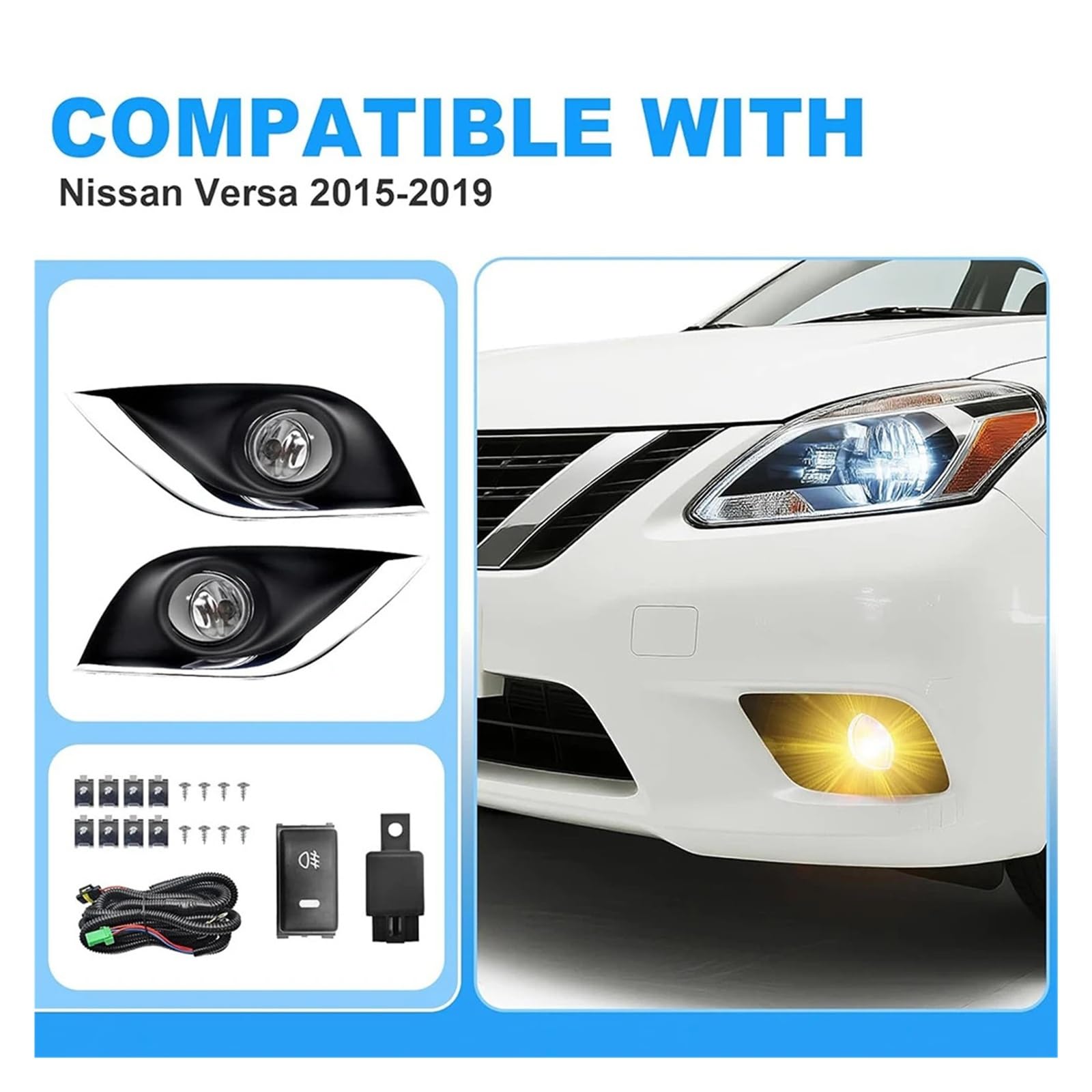 Pasuje do Nisan Versa 2015 2016 2017 2018 2019 montaż lamp przeciwmgielnych żarówki halogenowe z ramkami okablowanie i zestaw przełączników światła przeciwmgielne