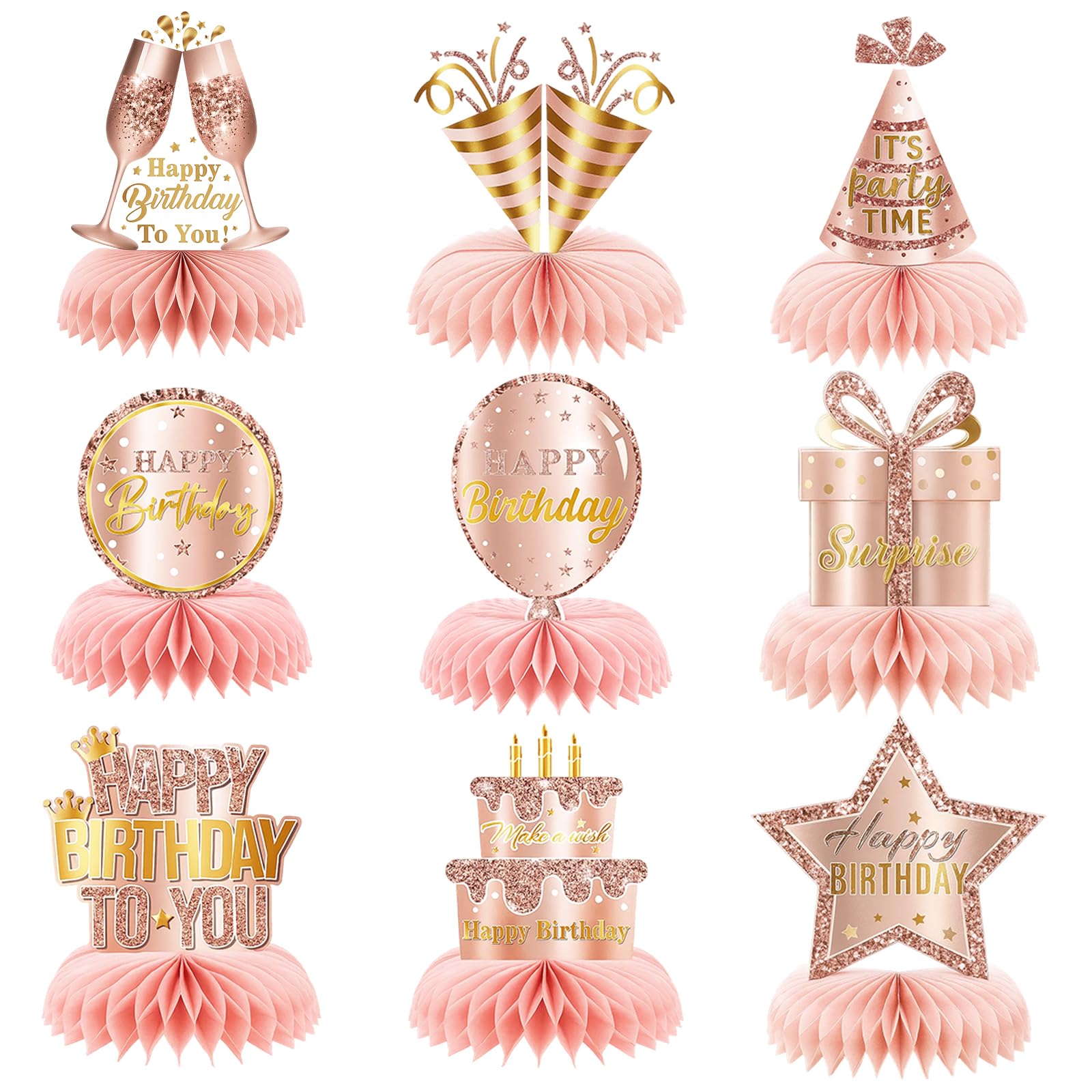 Birthday Table Decorations for Women, 9Pcs Pink and Gold Party Decor Set, Rose Gold Birthday Centerpieces for Cake and Table Decorations, Elegant Celebration Accessories