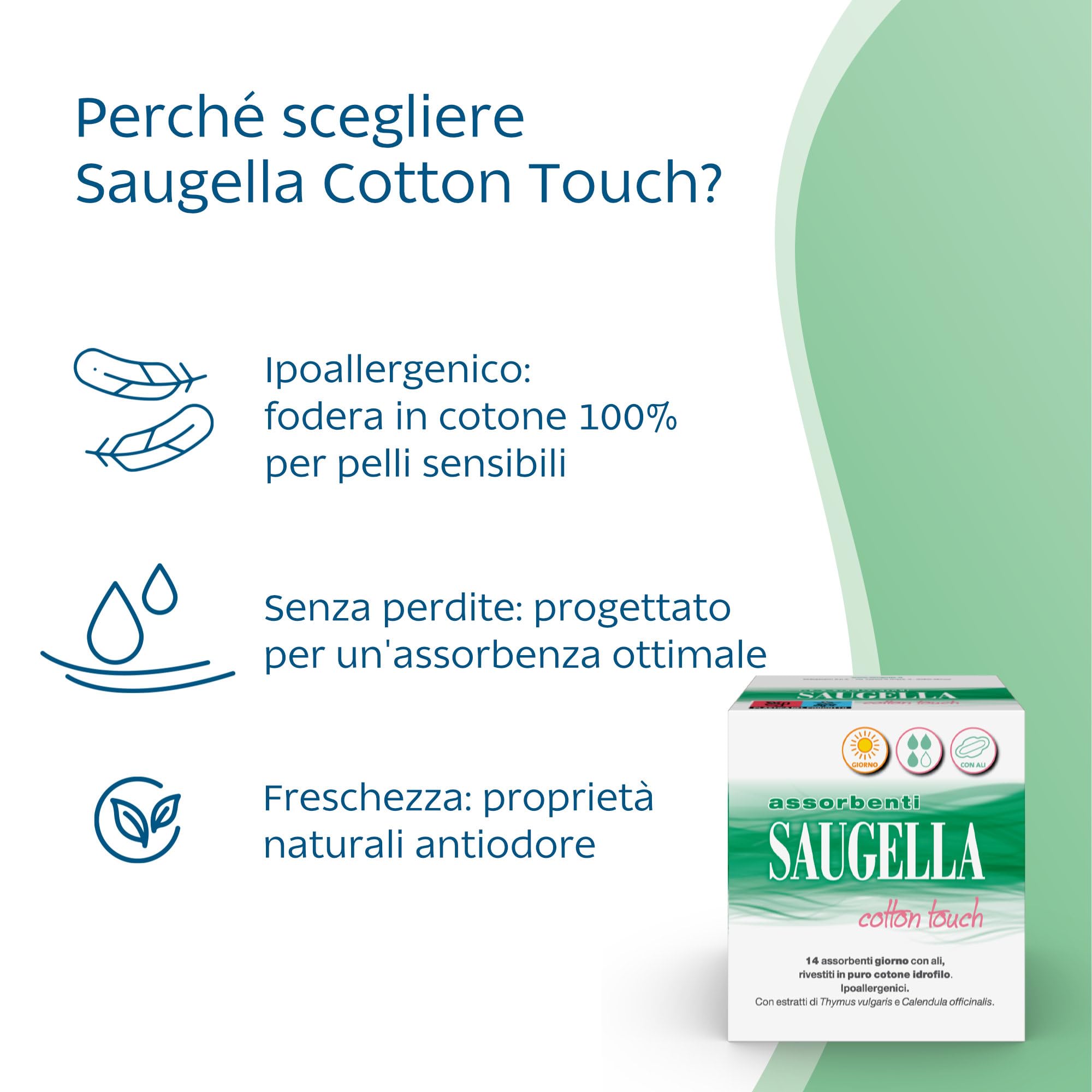 Saugella Assorbenti Cotton Touch Giorno, 56 Assorbenti Cotone Giorno con Ali, Azione Antibatterica, Antiodore e Lenitiva