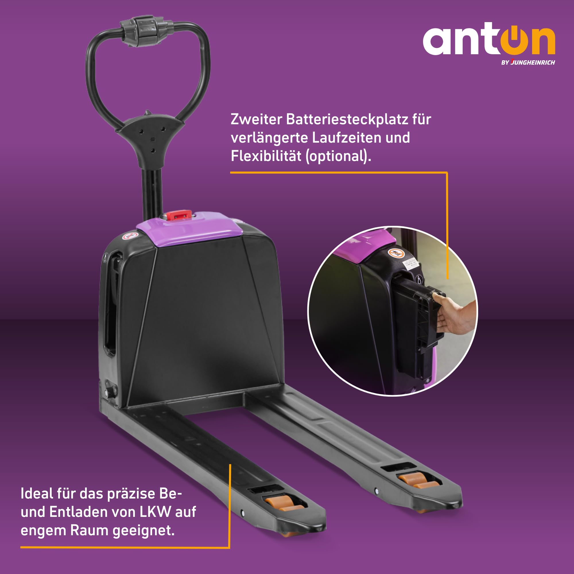 AntOn by Jungheinrich Elektro-Hubwagen | 1.500 kg Tragkraft | 1.150 mm Gabellänge | Lithium-Ionen-Batterie 24 V / 20 Ah | Kurze Ladezeit | externes Ladegerät | 2. Akku integrierbar | E-Hubwagen