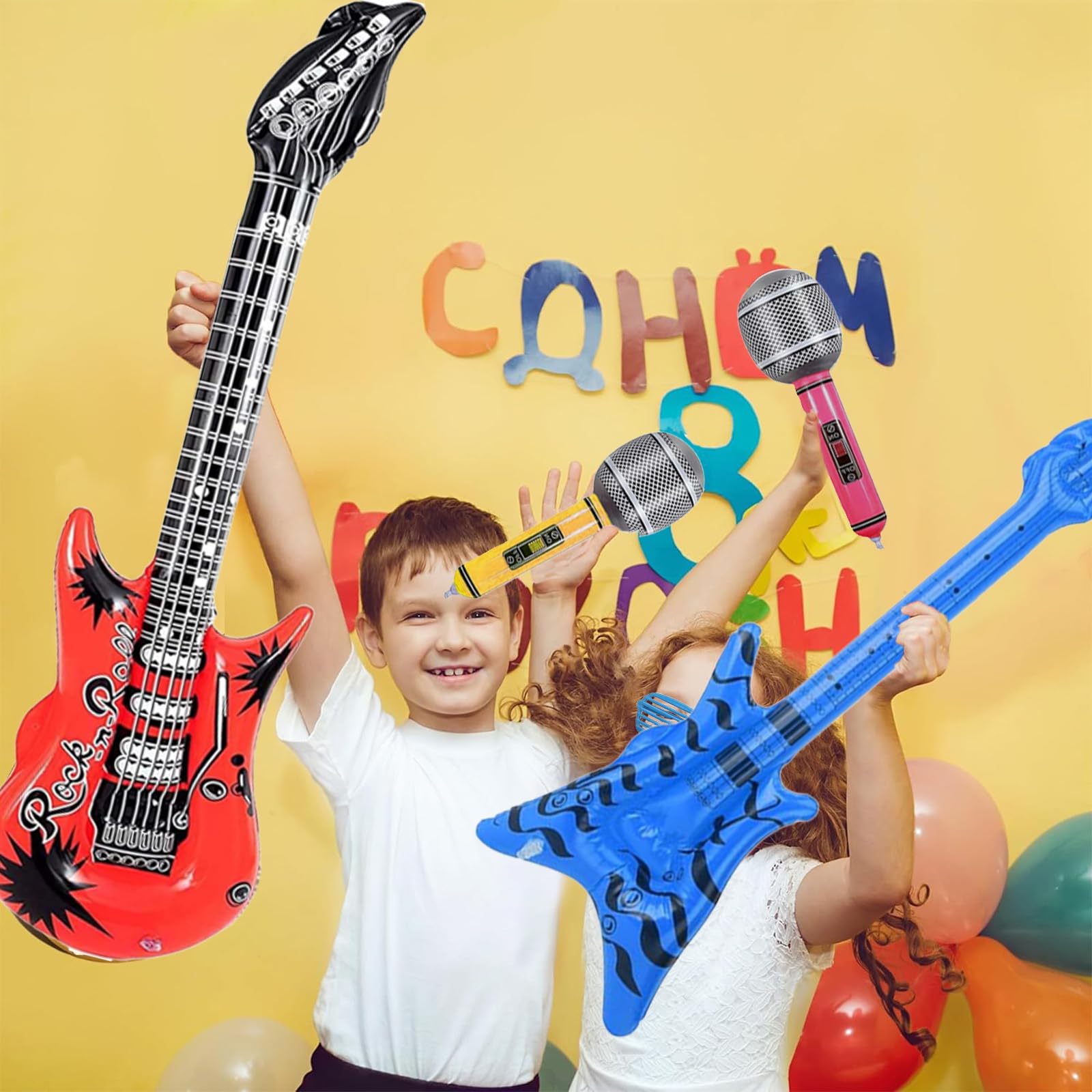 Chitarra Elettrica Bambini 9 Pezzi, Strumenti Musicali Gonfiabili, Microfono Bambini, Chitarra Giocattolo, Adatto per Feste, Bomboniere Rock, Feste di Compleanno