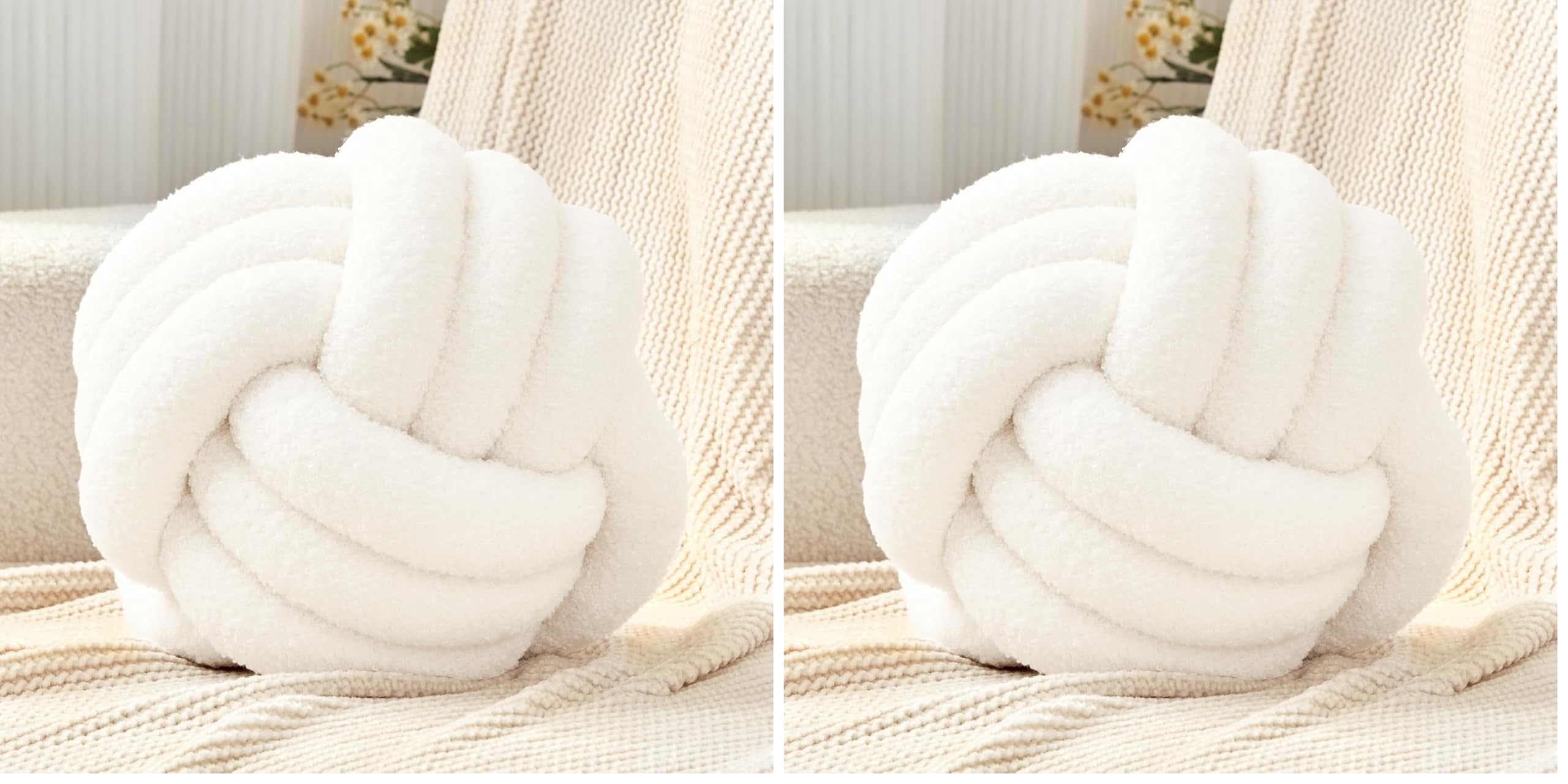 Rund Knotenkissen Beige, 28cm Ball Dekokissen Beige Weiß, Boucle Knoten Zierkissen Aesthetic Sofakissen aus Lamm Samt, Bett Deko Kissen Runden für Kind Schlafzimmer (Packung mit 2)