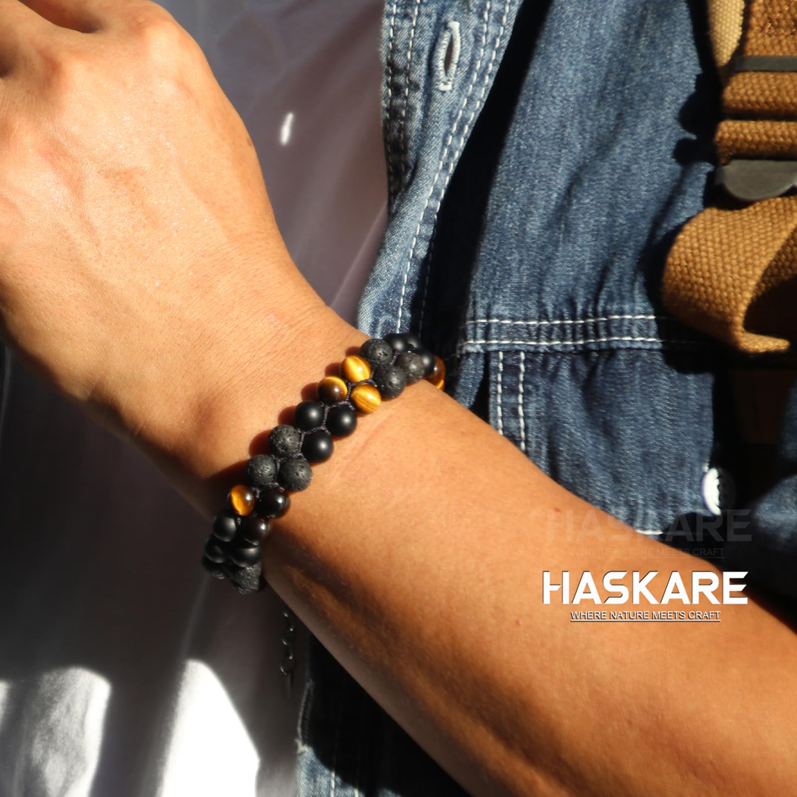 HASKARE Herren Mehrfach-Schutz Armband natürliche Edelsteine Tigerauge Onyx Hämatit Obsidian Lava, handgefertigt wasserdicht verstellbar Kristall-Armband, Spiritueller Schmuck für Vater und Ehemann