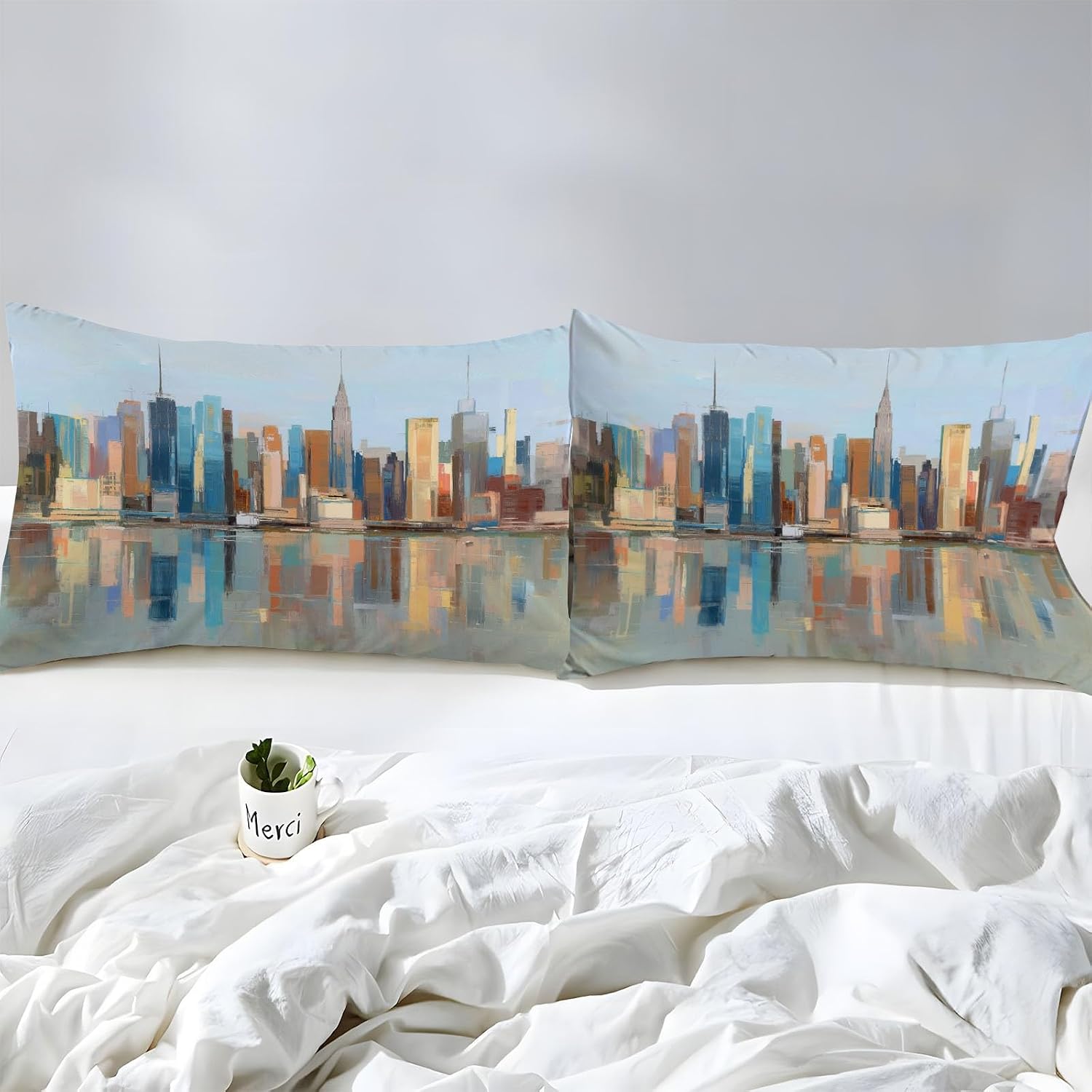 Queen Size 4 Pcs New York Skyscrapers Bed Fitted Sheet Set with 16" Deep Pocket, Abstract Collage Bed Sheet Set for Kids and Adults, Blue Bedding Set with 2 Pillowcases