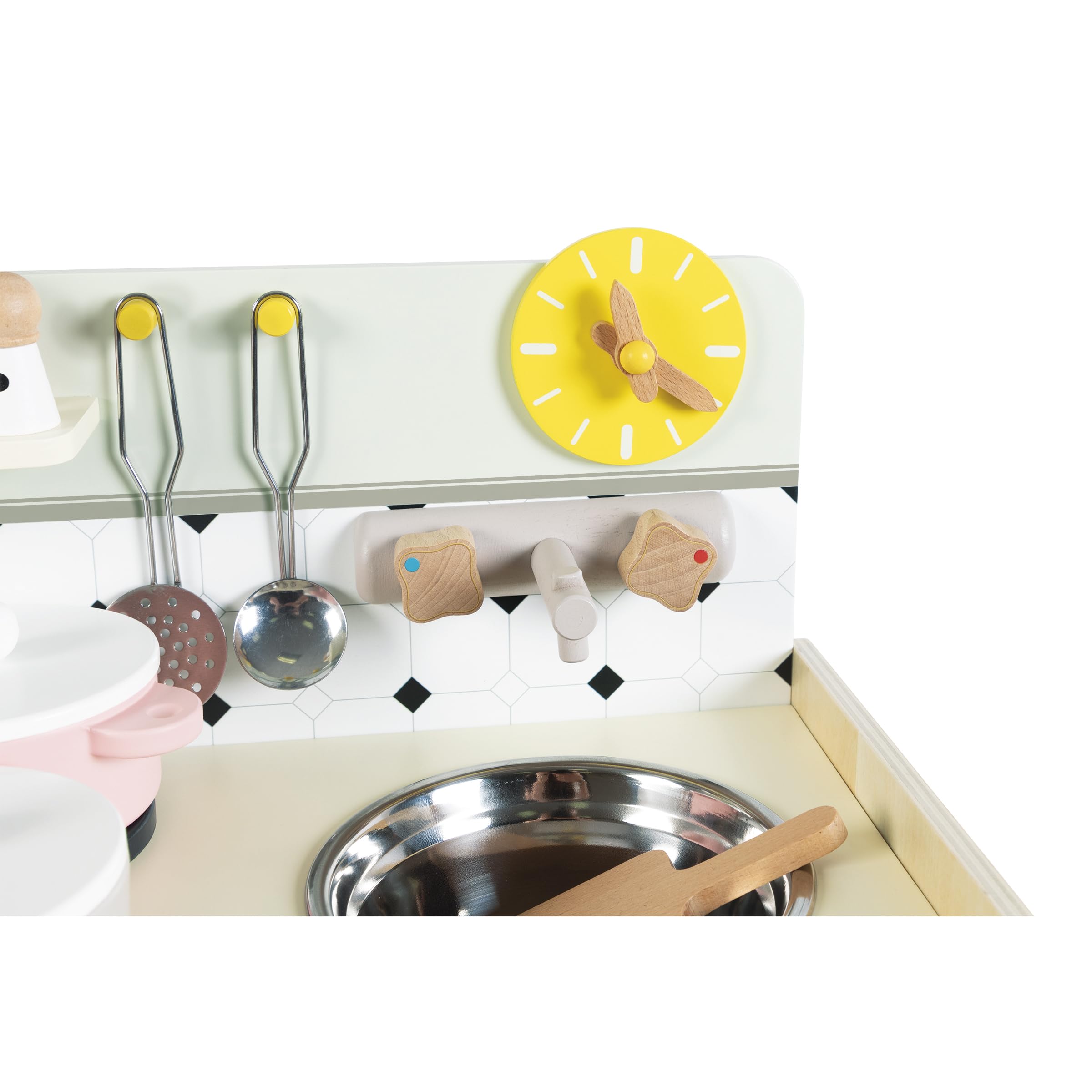 Janod - Cocinita Infantil de Madera - Minicocina Infantil - Equipada con Horno, Fregadero y 10 Accesorios Incluidos - Botones Sonoros Giratorios - Juguete de Imitación - A Partir de 2 años