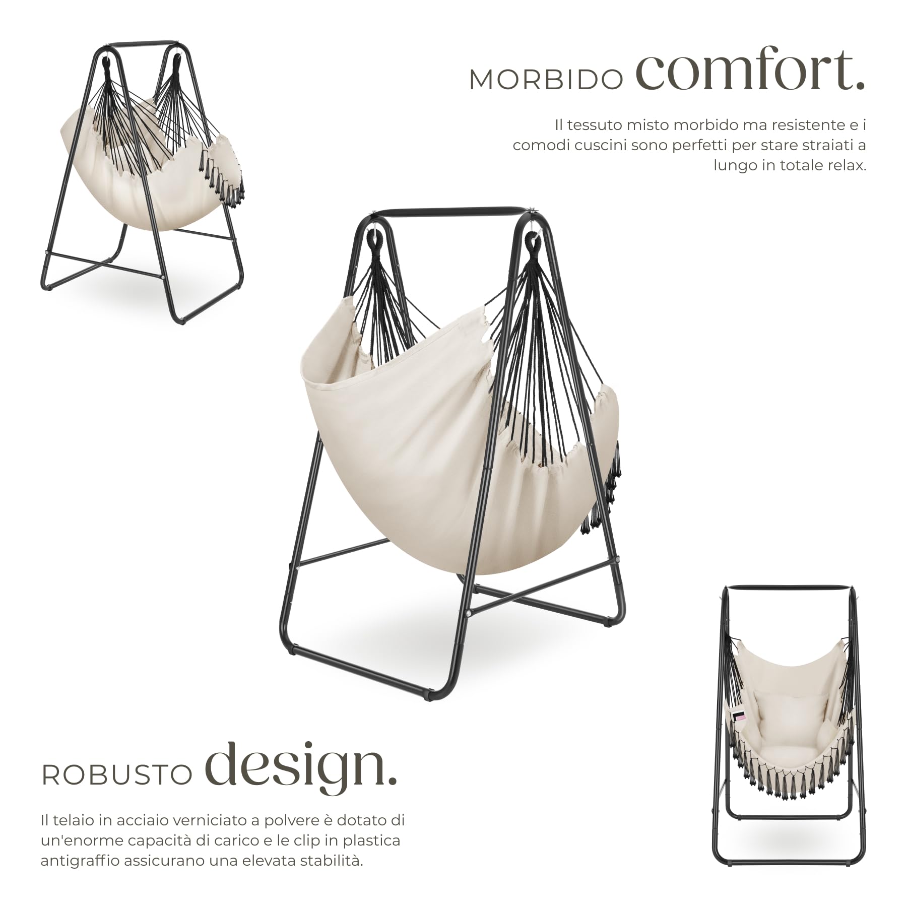 tectake® Poltrona Sospesa Boho con Cuscini, Tasca Laterale, Tessuto Misto Cotone-Poliestere, Telaio in Acciaio, Capacità 160 kg, Arredamento Casa e Giardino, per Interni ed Esterni - Beige