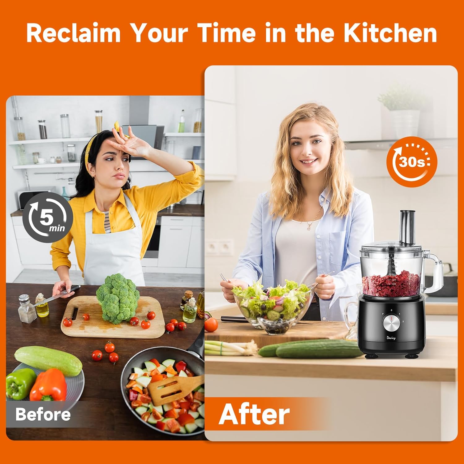 Davivy 7-Cup Food Processor with Built-in Storage Drawer | 600W Motor, 9-Blade Set for Wavy Slicing, French Fries, Dough Kneading | 3-Speed Compact Chopper for Home Kitchen Meal Prep, Black