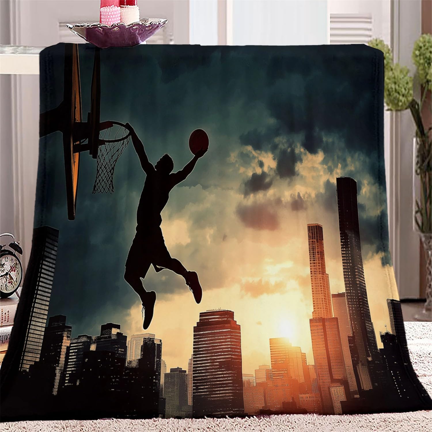 Koc z miękkiego polaru Koszykarz Sylwetka Przytulny Zimowy Jesień Sofa Szary Koc Z Mikrofibry Puszysty, do łóżka Salon Dzieci i Dorośli 150 X 200 cm